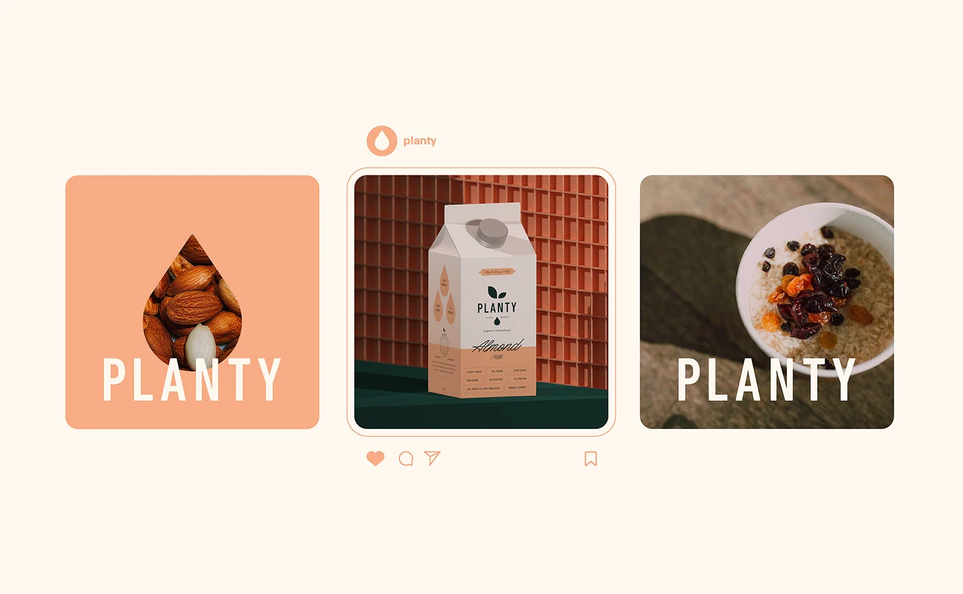 Three Planty social cards, a pastry droplet, a carton post and granola bowl