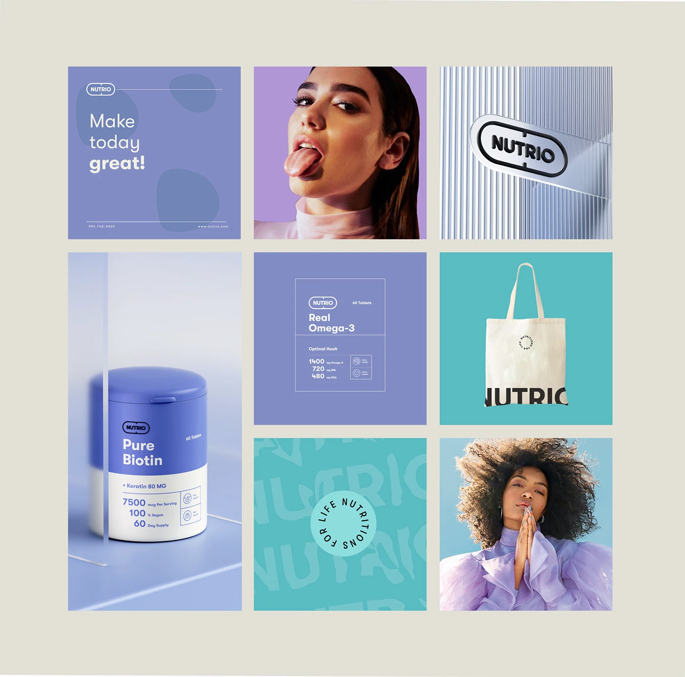 Nutrio social grid with copy cards, portraits, a tub, tote and pack panel