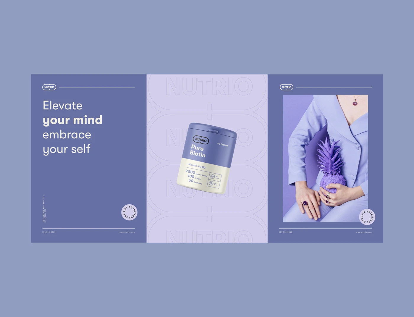 Three lilac Nutrio posters, a copy panel, a tub and a portrait