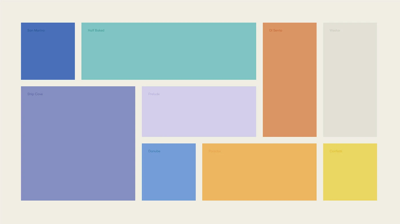 Nutrio color block layout with named swatches in blue, teal, orange and yellow