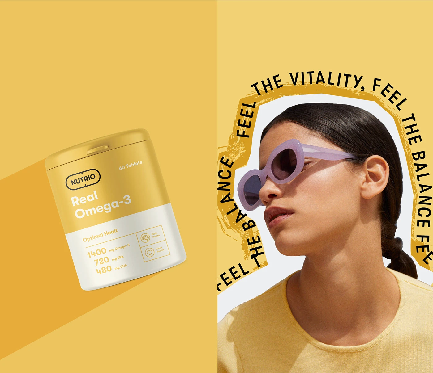 Yellow Nutrio tub beside a portrait in sunglasses ringed by curved type
