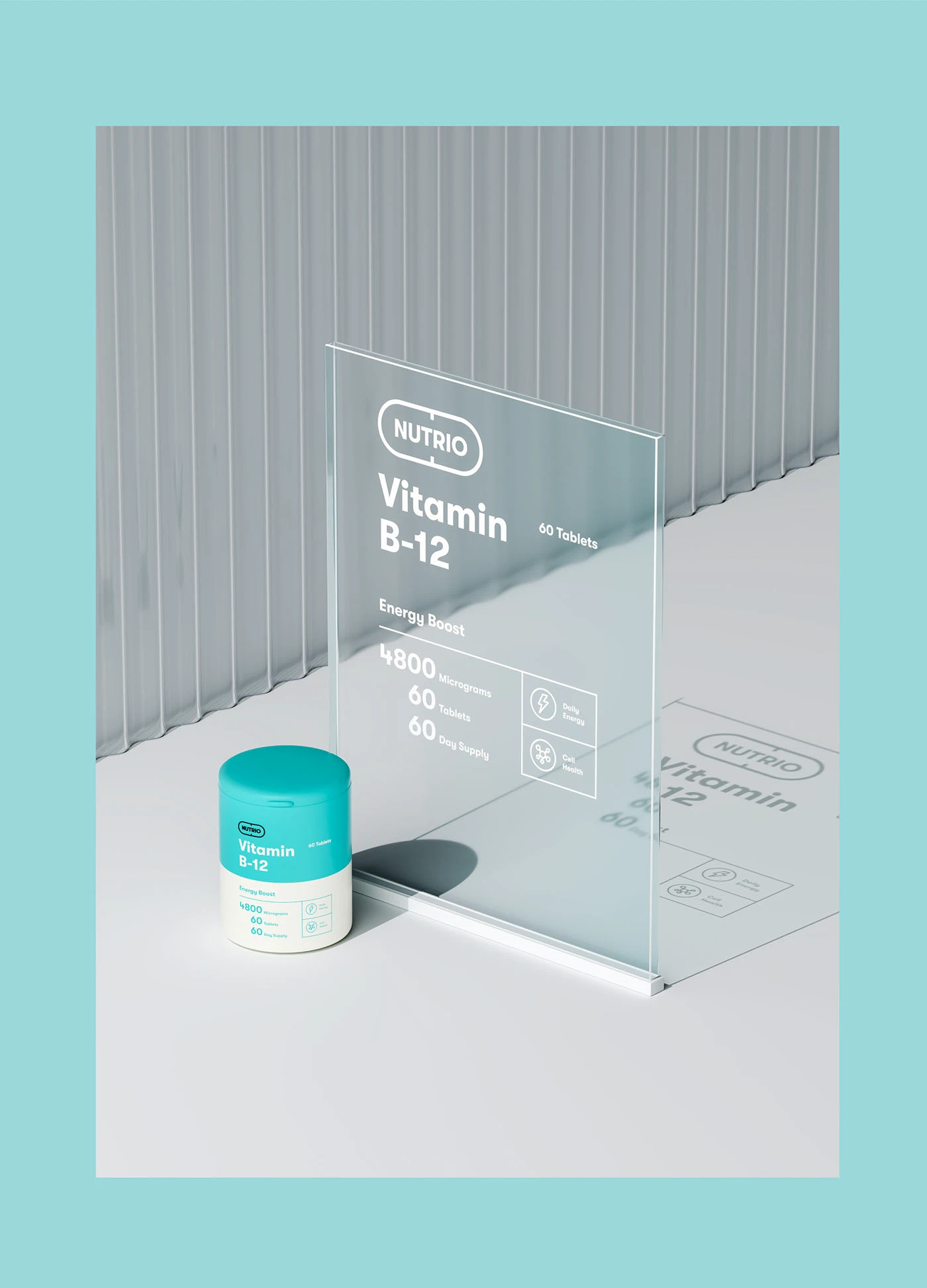 Nutrio teal tub beside a clear acrylic panel carrying the pack artwork