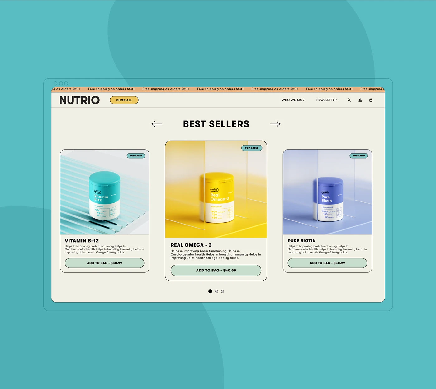 Nutrio best sellers row in a browser frame with three product cards