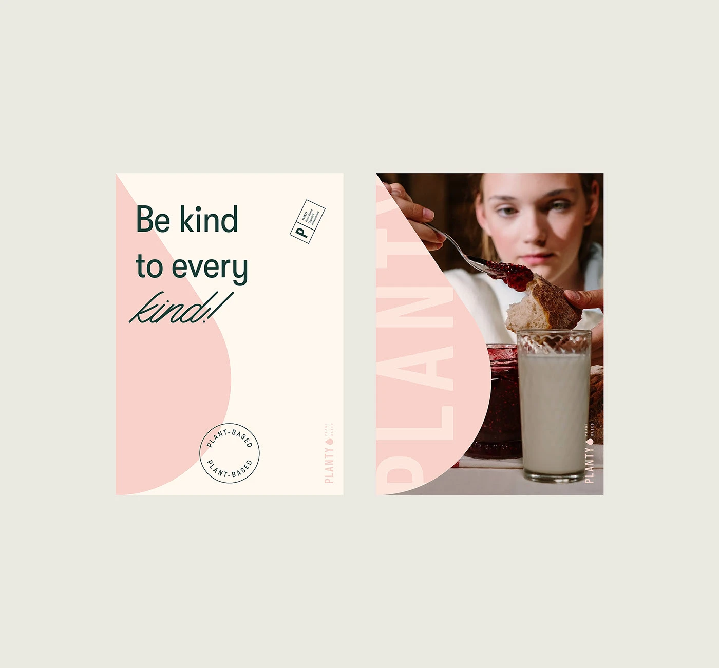 Two Planty posters, the be kind line and a photo with a milkshake