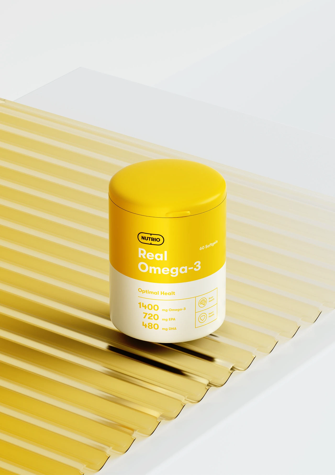 Yellow Nutrio Omega tub resting on ribbed yellow glass in daylight