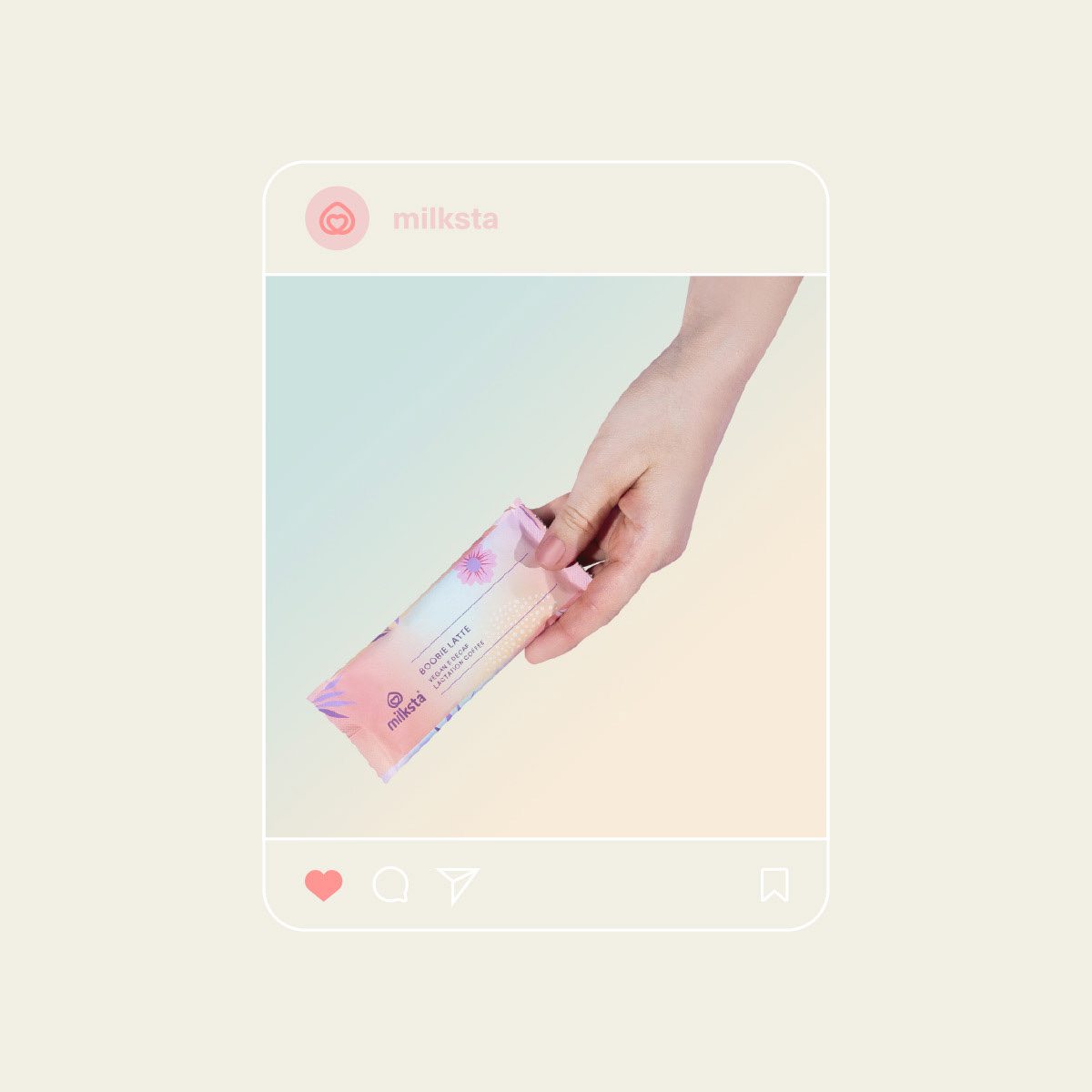 Milksta social post showing the hand and sachet on a cream card