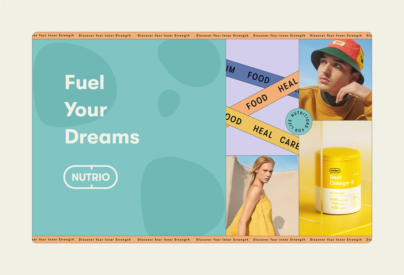 Nutrio fuel your dreams panel beside a collage of ribbons and portraits