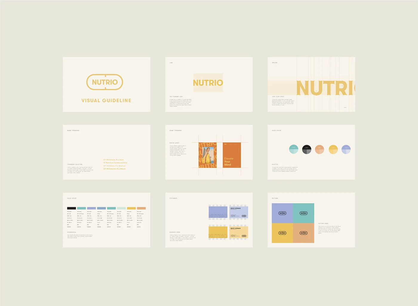 Nine Nutrio guideline pages covering the logo, type and color system