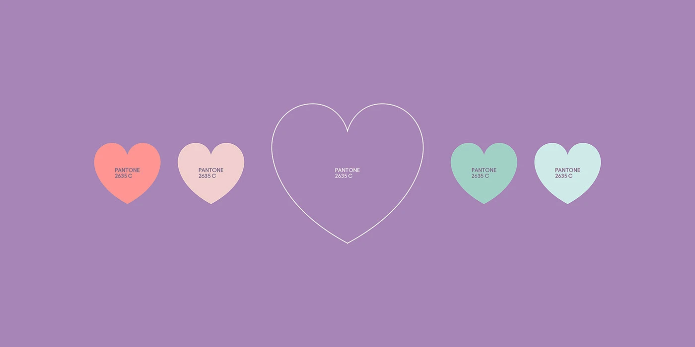 Five Milksta heart swatches with Pantone codes on a purple ground