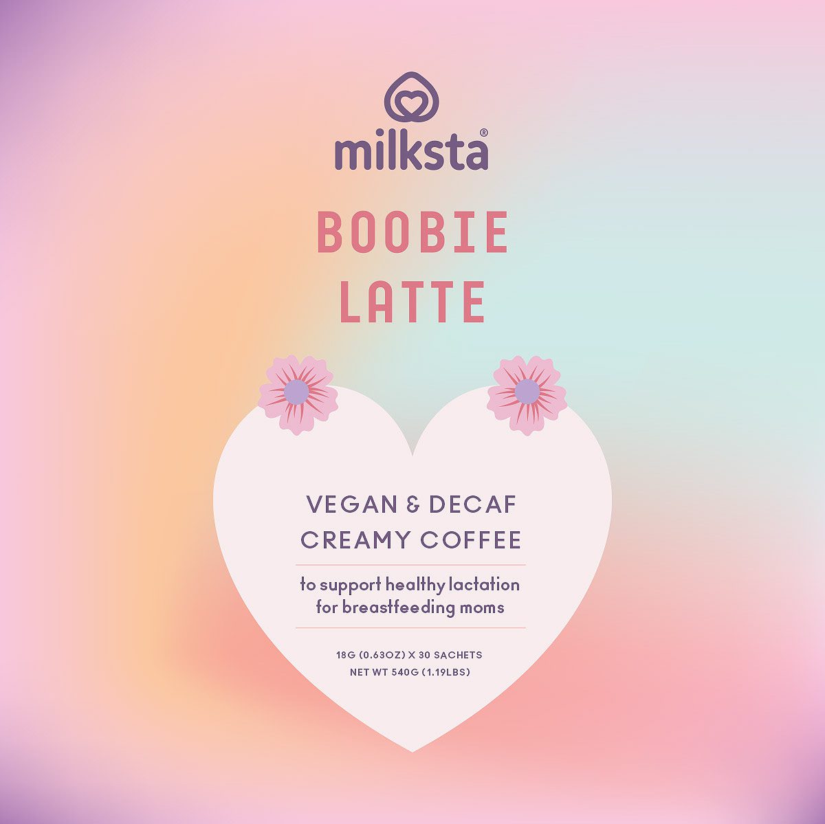 Milksta pouch artwork flat on a gradient with the heart information panel