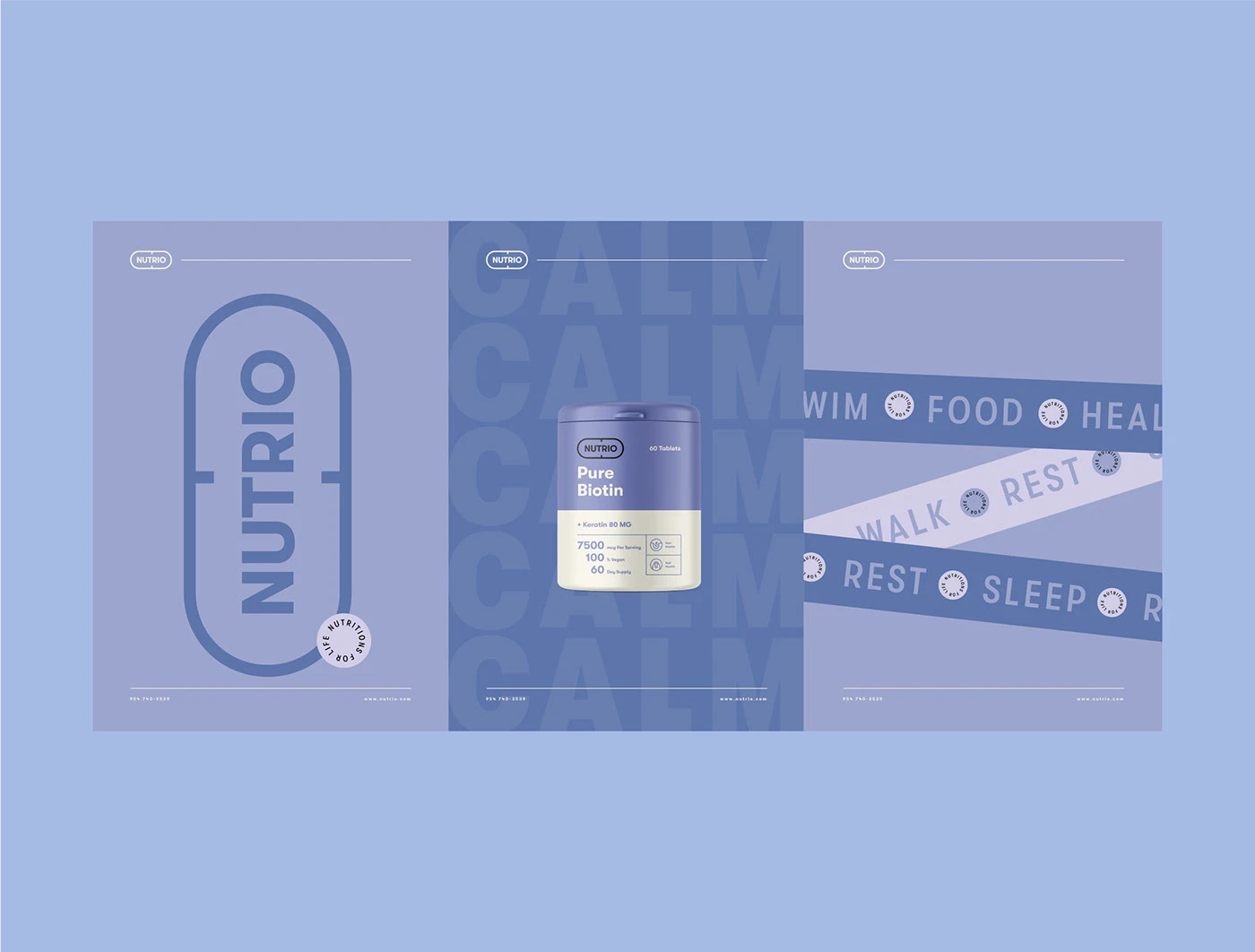 Three blue Nutrio panels, the outline logo, a tub and a ribbon pattern