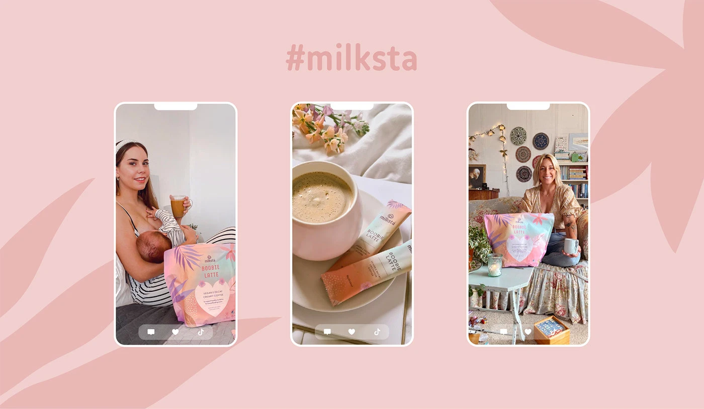 Three Milksta phone stories under the hashtag on a pink leaf panel