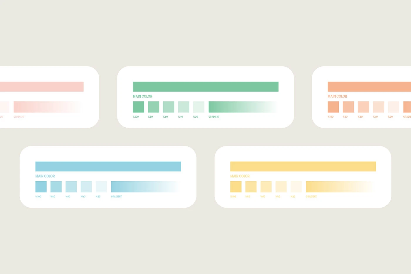 Five Planty color ramp cards in pink, green, orange, blue and yellow