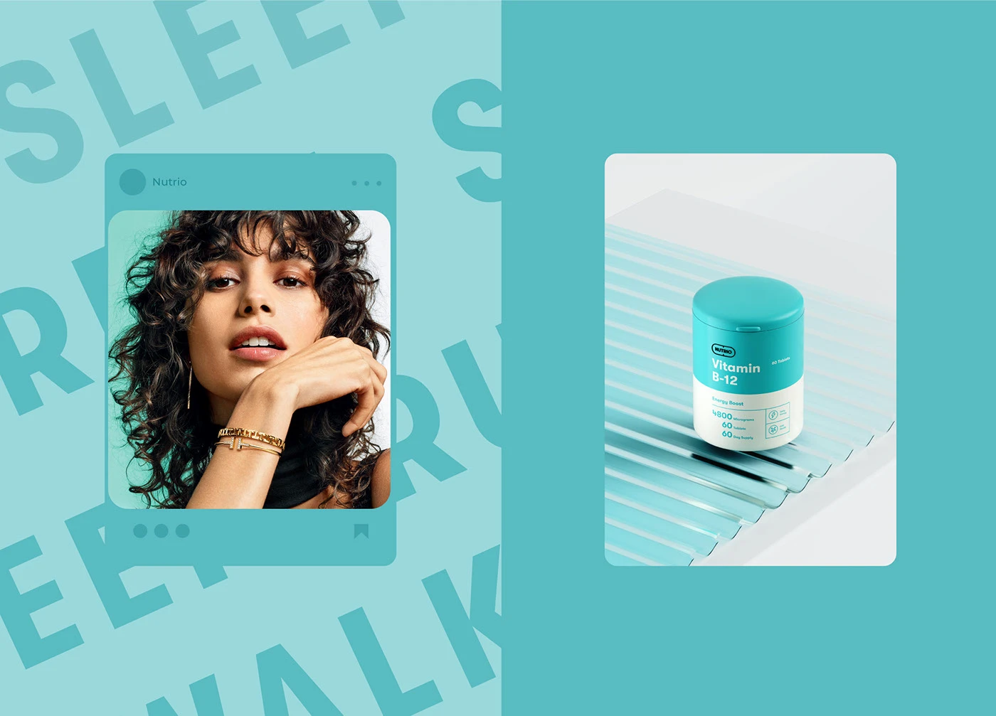 Nutrio social card portrait on teal beside a teal tub on ribbed glass