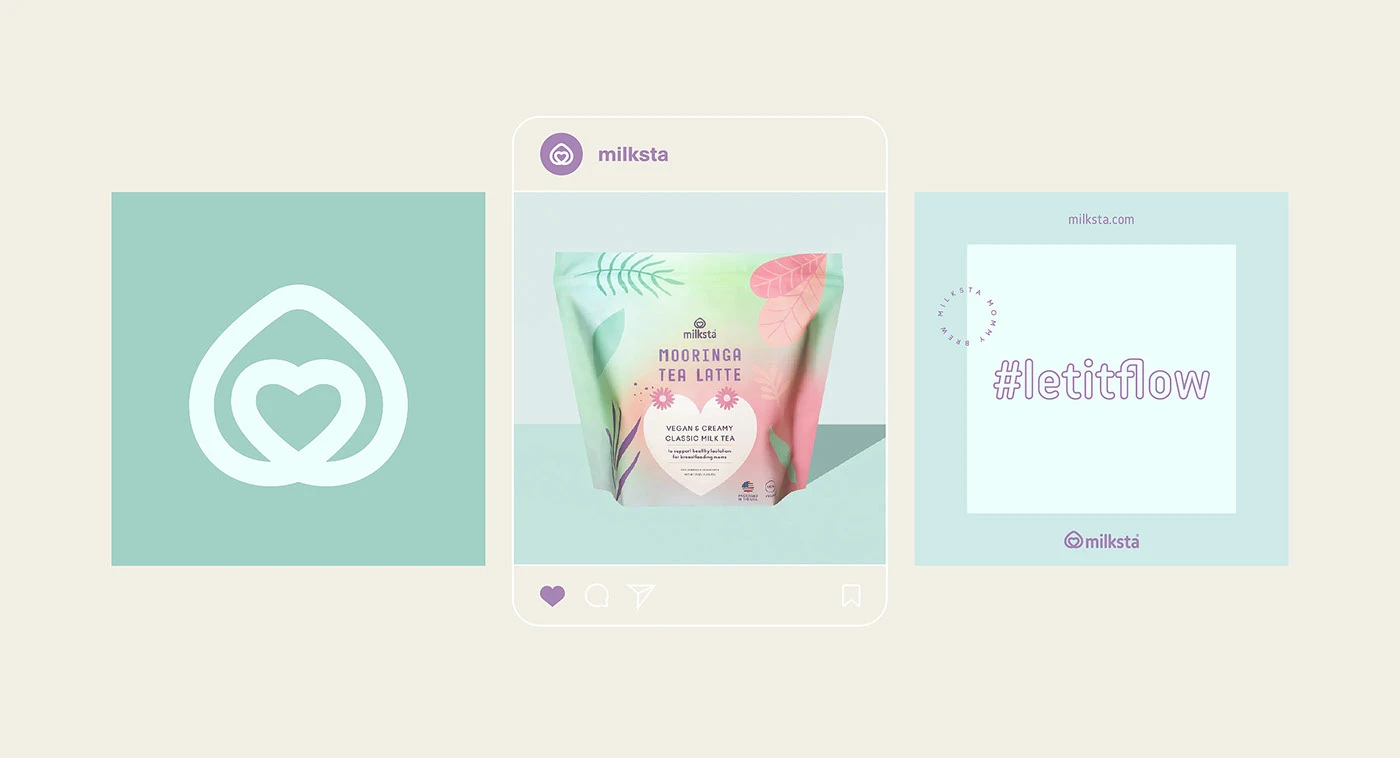 Three Milksta cards, the heart mark, a green pouch post and hashtag panel