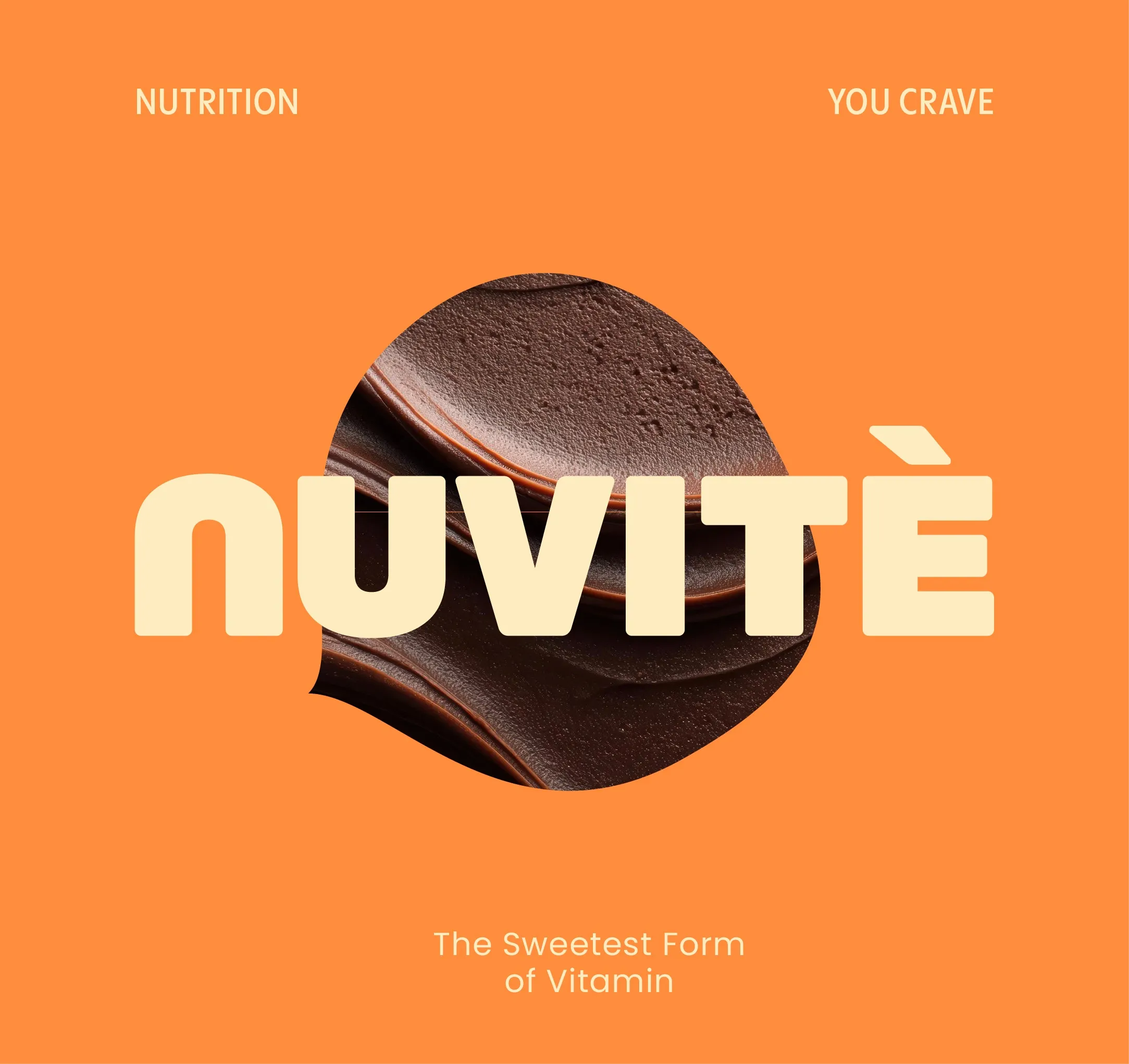 Nuvite wordmark in cream over a swirl of chocolate spread on orange