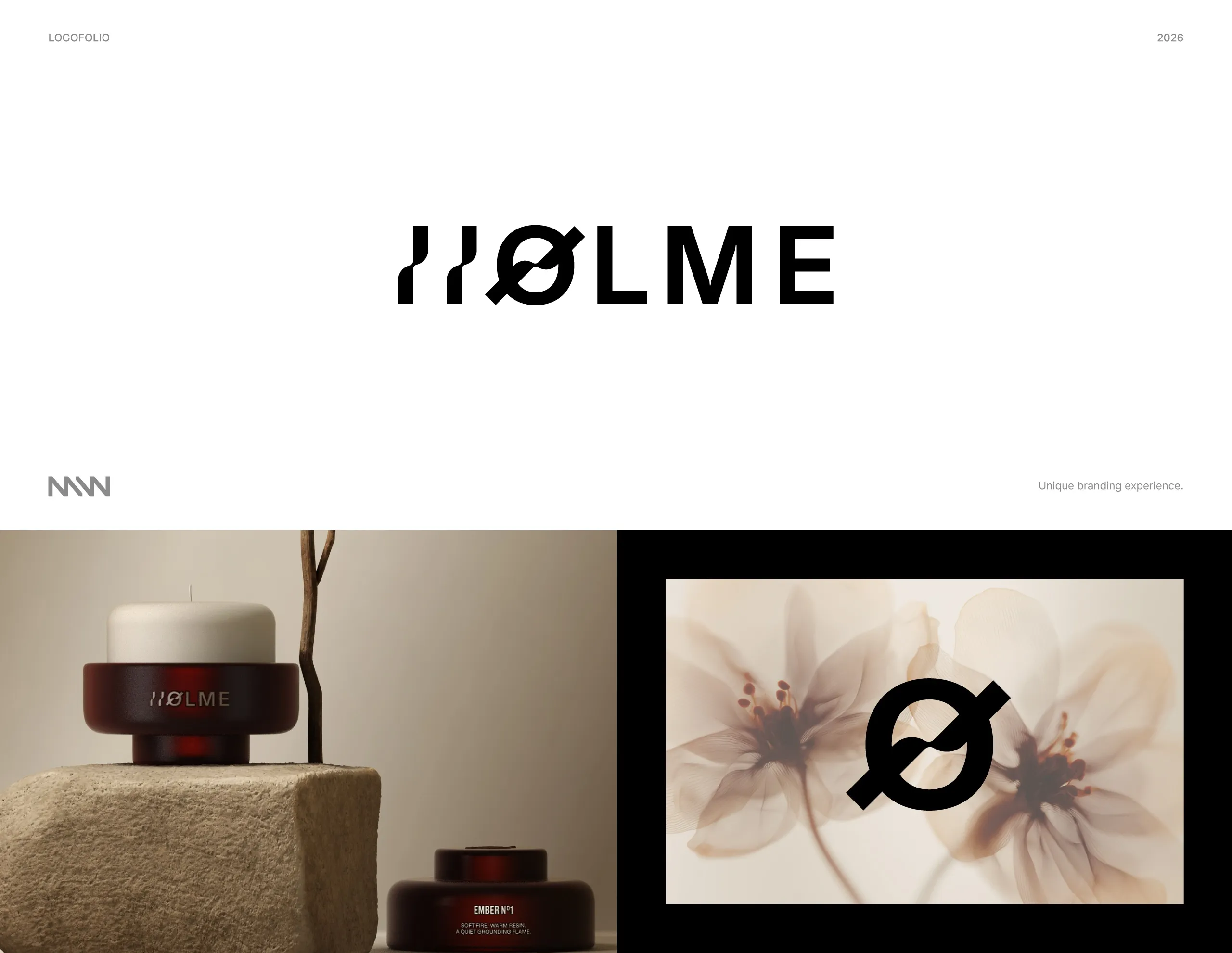 Holme wordmark and logo application on home fragrance packaging