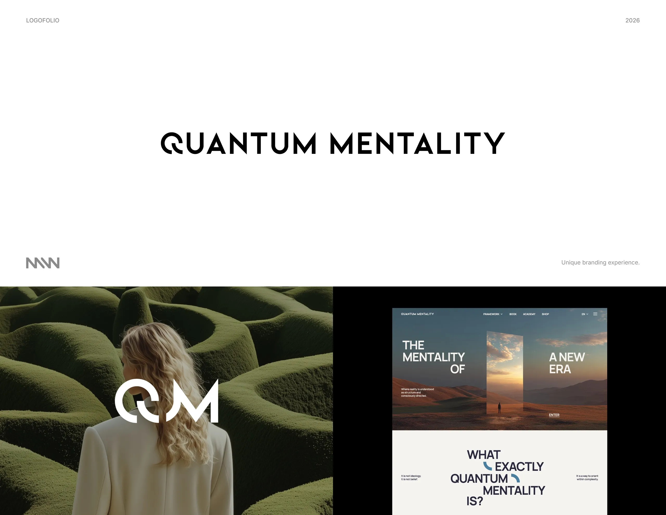 Quantum Mentality wordmark and logo application on editorial layouts