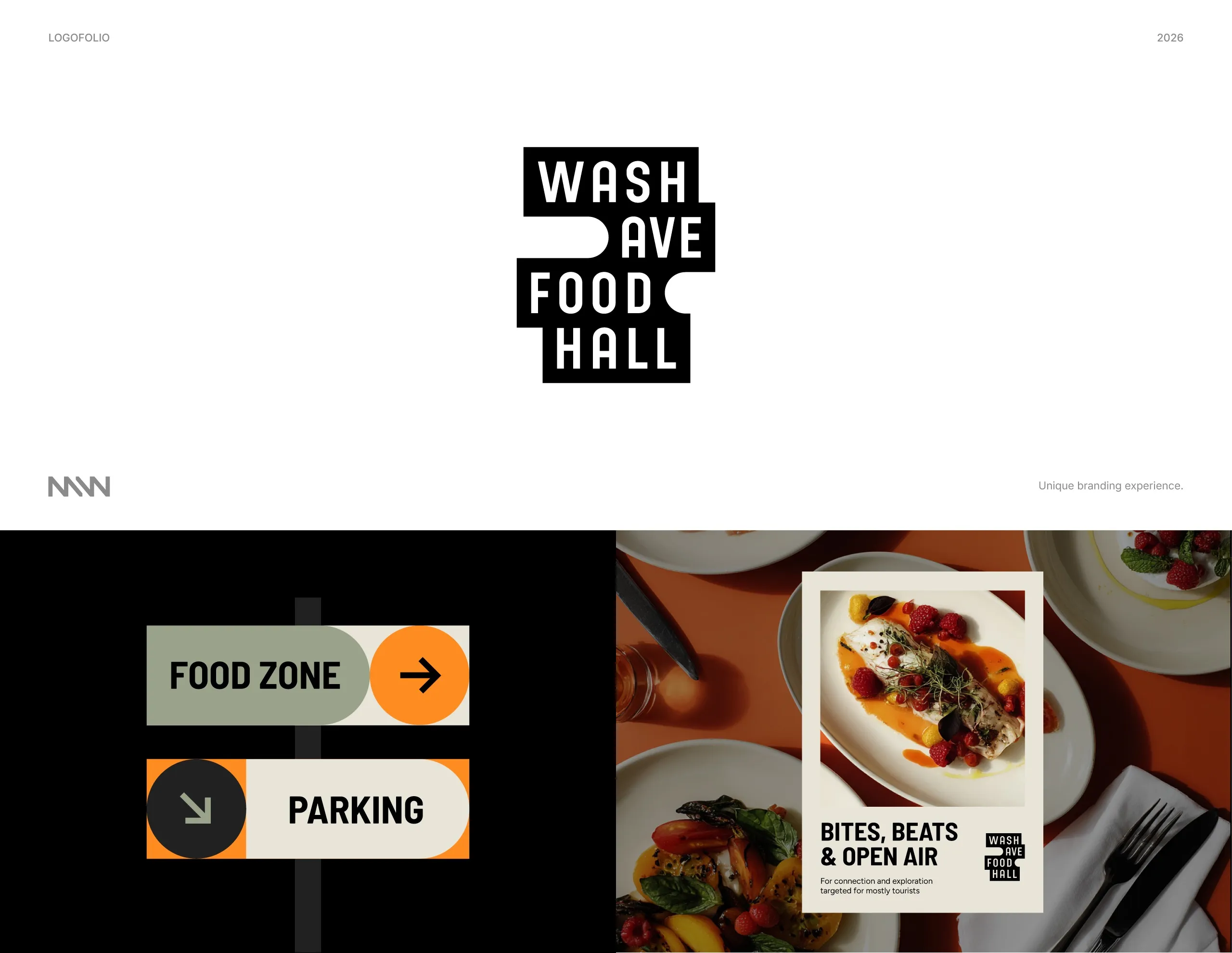 Wash Ave Food Hall mark and logo application on wayfinding and signage