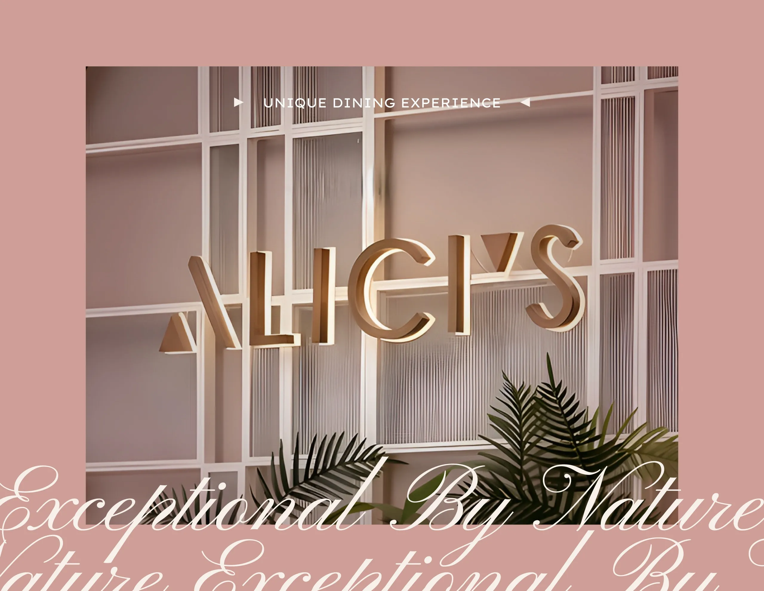 Metallic Alici's wordmark behind a paned window with palm leaves