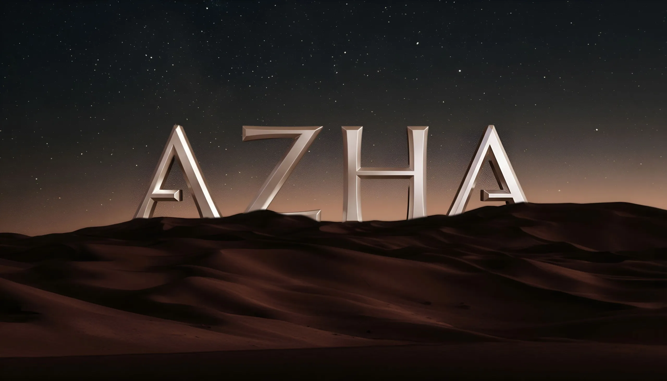 AZHA wordmark rising over desert dunes at dusk