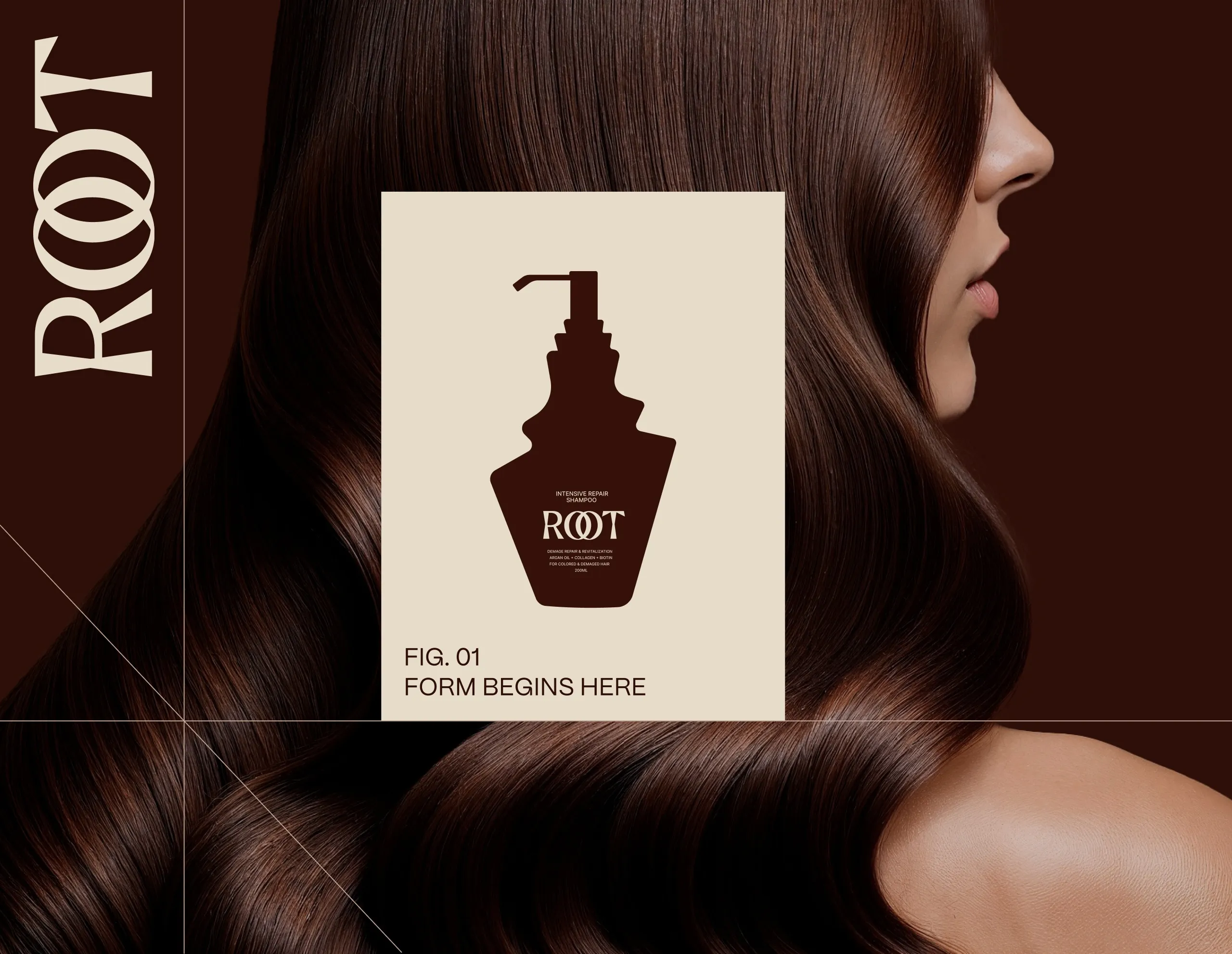 ROOT hair care website cover with the bottle silhouette over flowing hair