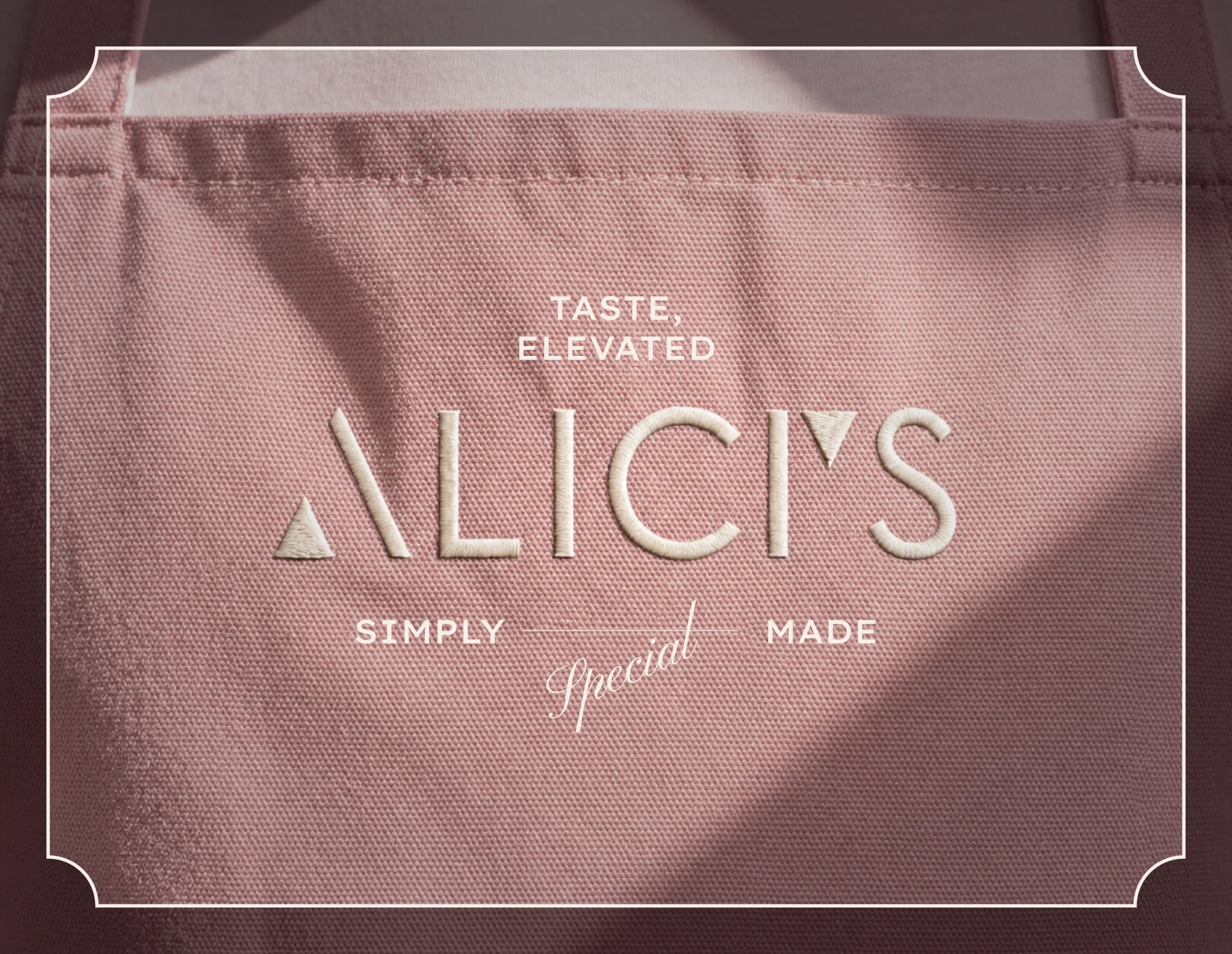 Alici's Taste, Elevated wordmark embossed on pink fabric