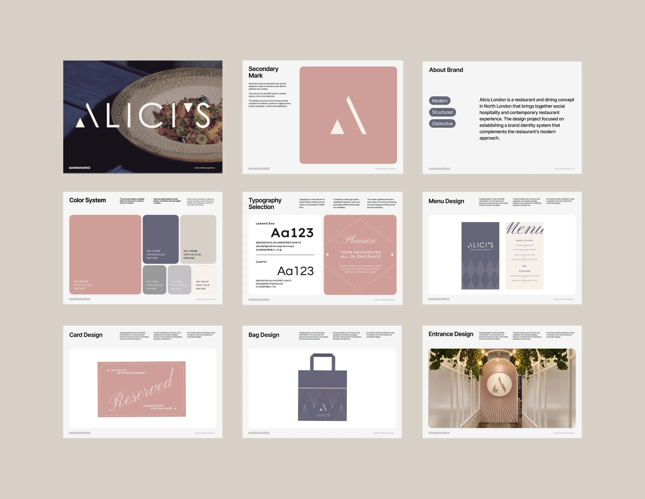 Alici's brand guideline pages for colour, typography, menus, cards, bags and entrance