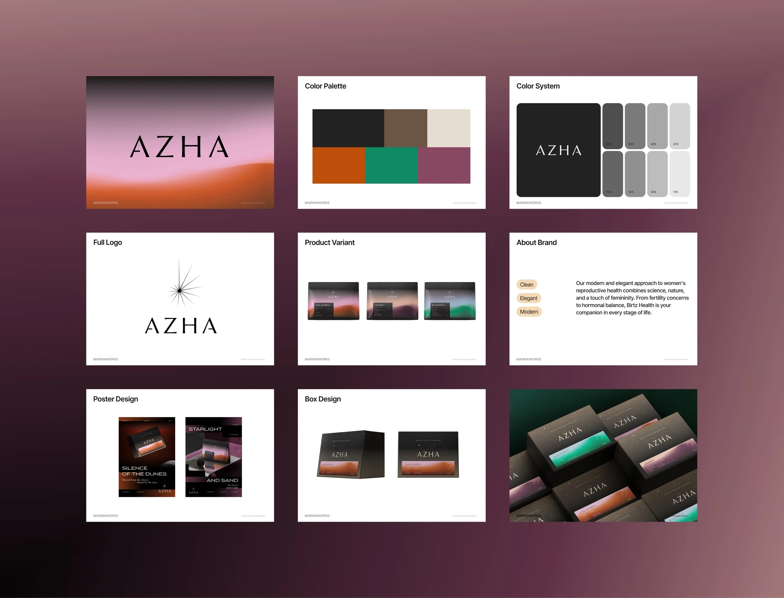 AZHA brand guideline pages for logo, colour, typography and packaging