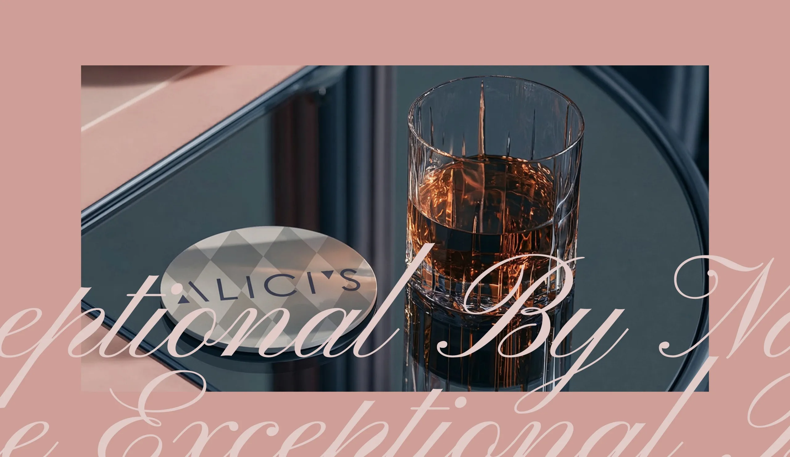 Alici's coaster under a glass with script typography on pink