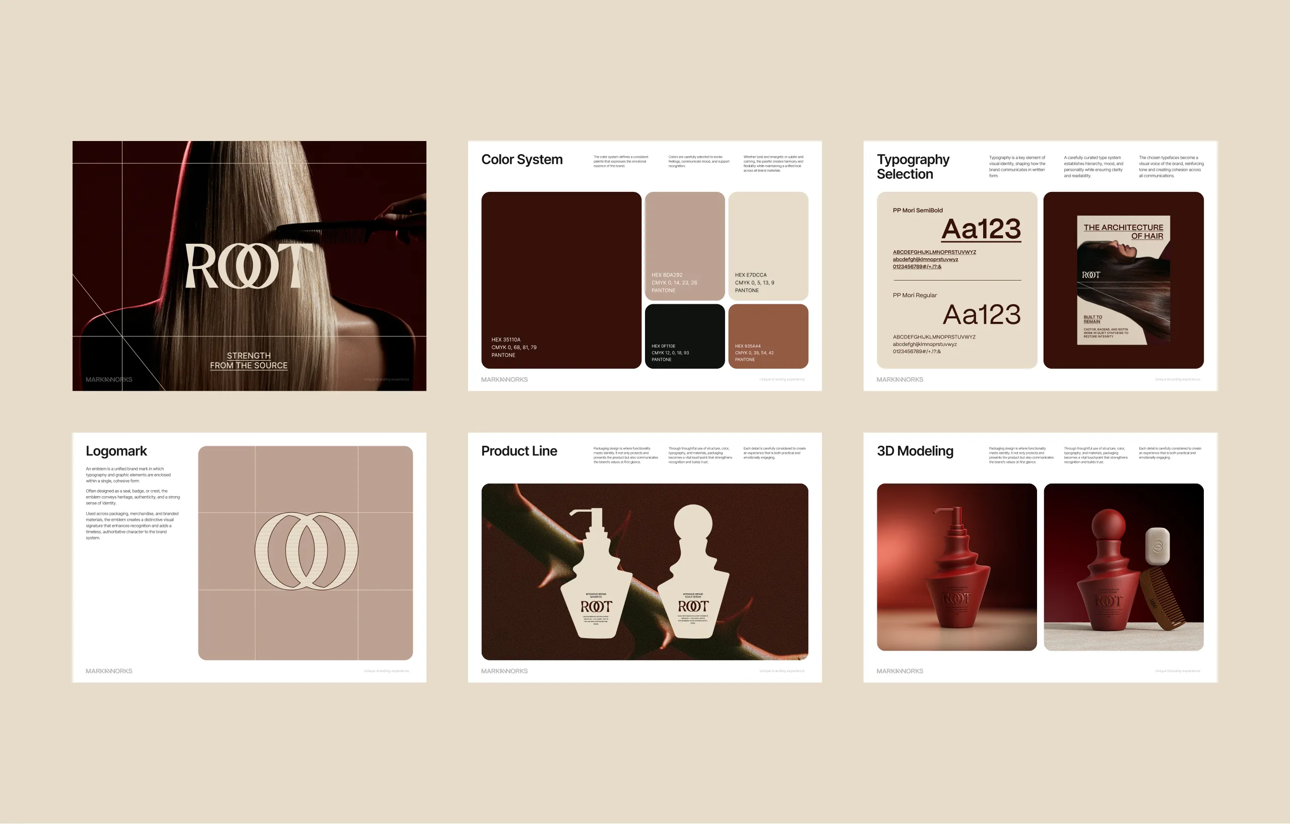 ROOT brand guideline pages for colour, typography, logomark, product line and 3D modelling
