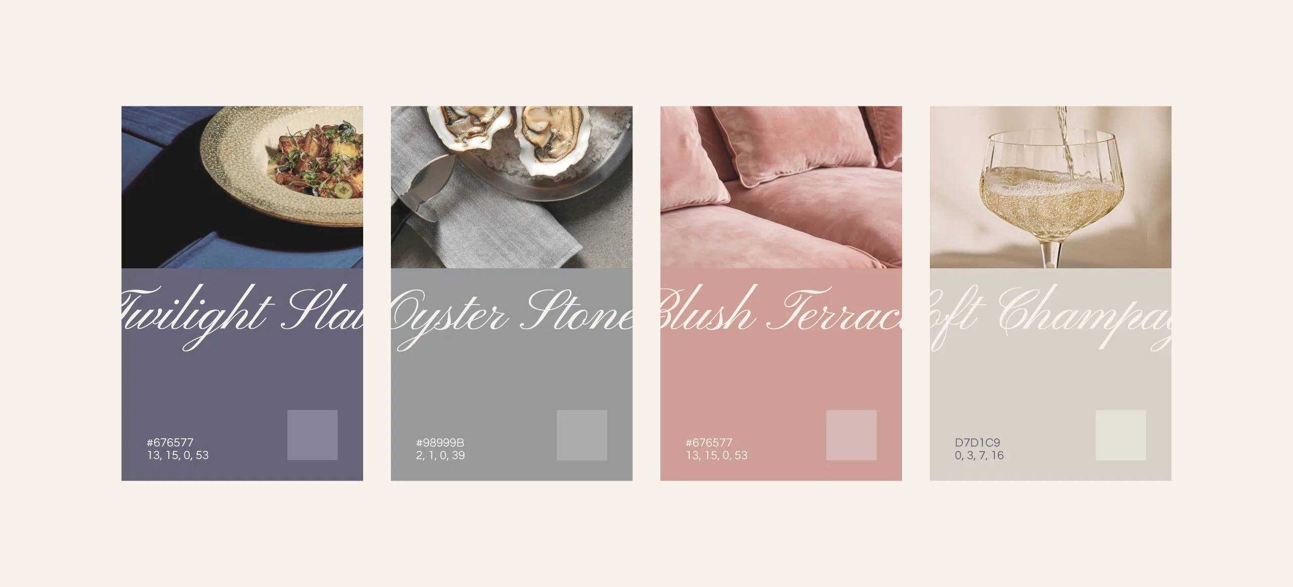 Alici's colour palette of Twilight Slate, Oyster Stone, Blush Terrace and Soft Champagne