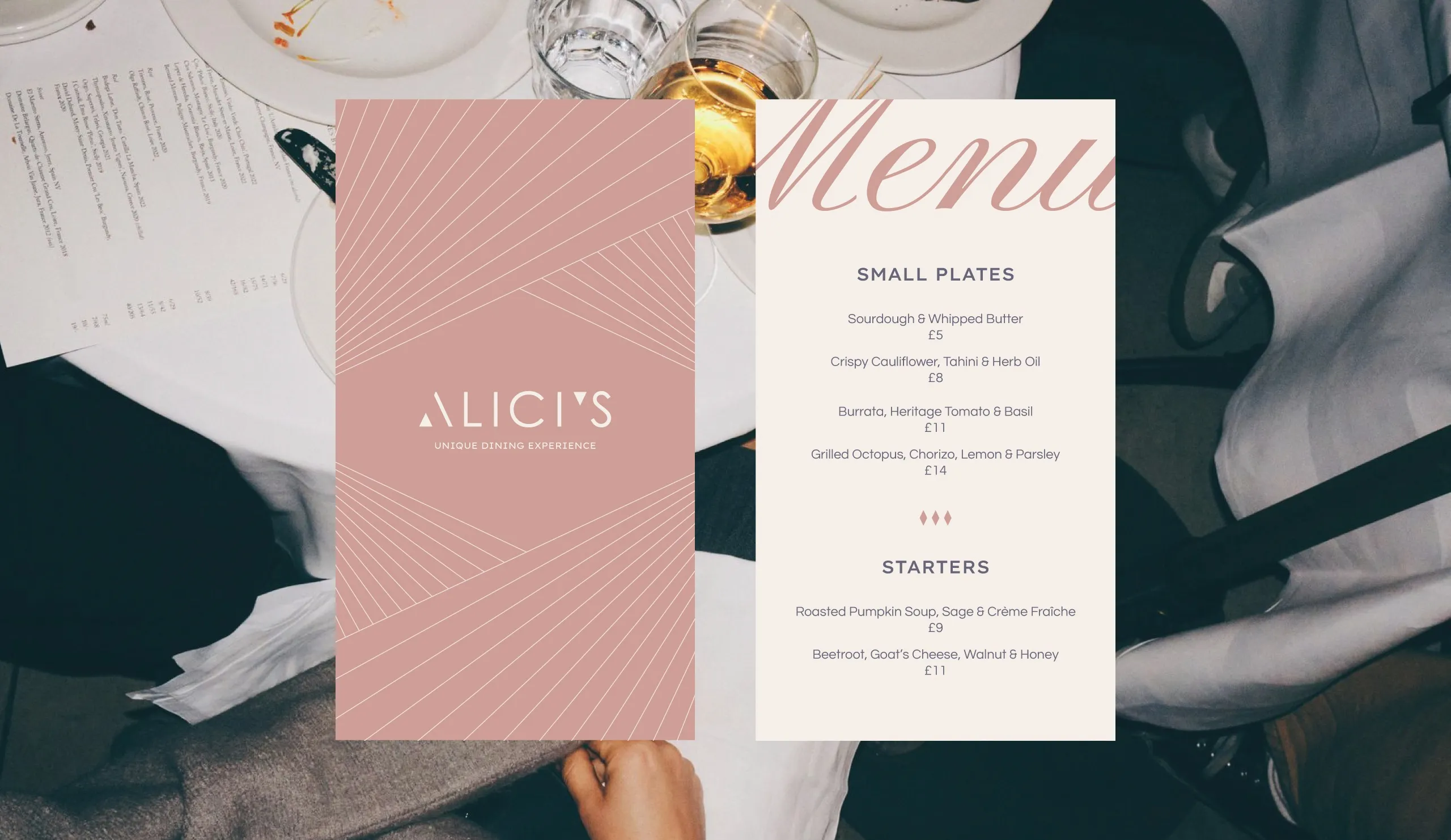 Pink Alici's menu cover and small plates menu on a dining table