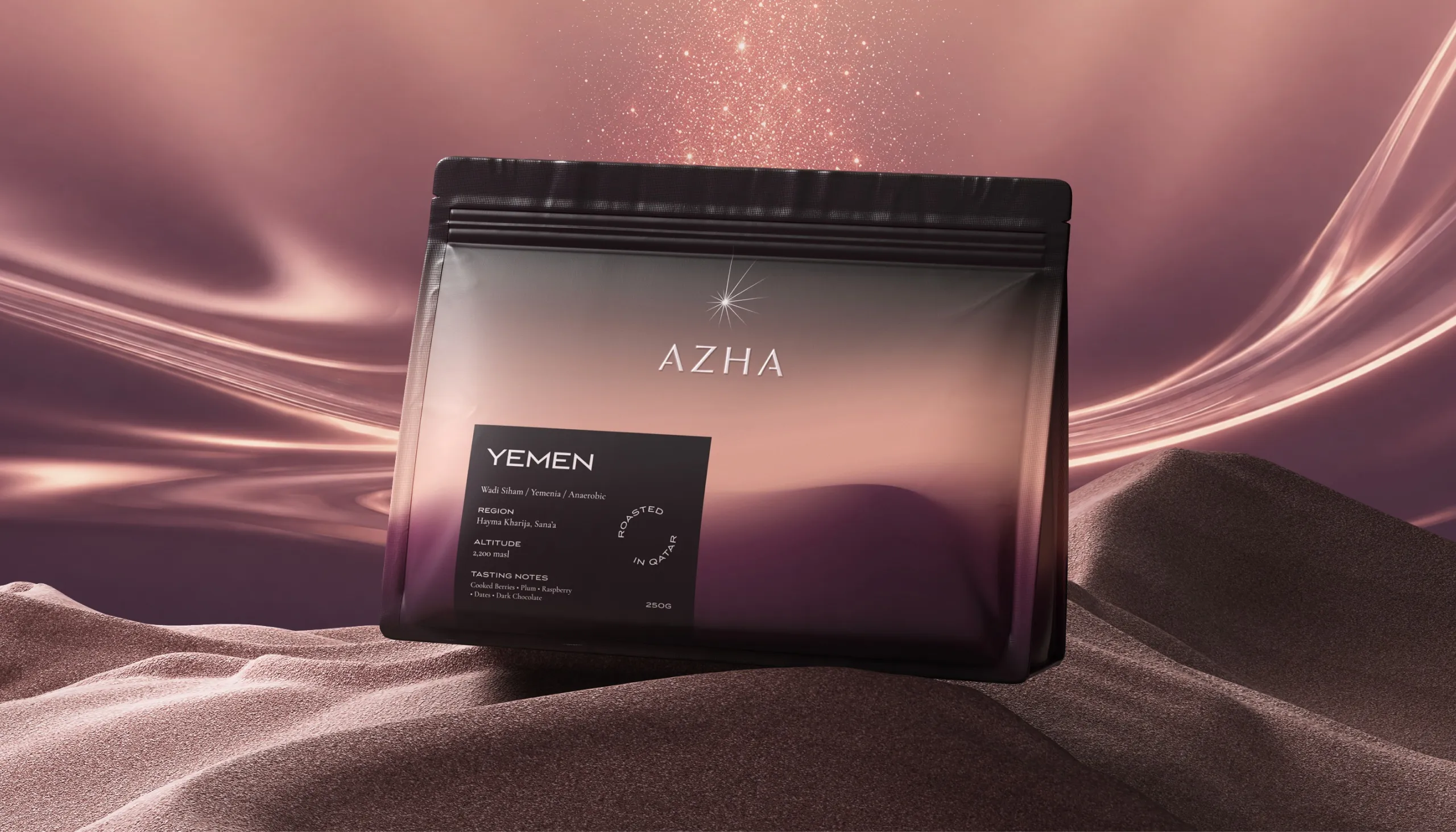 AZHA Yemen coffee bag on a desert dune