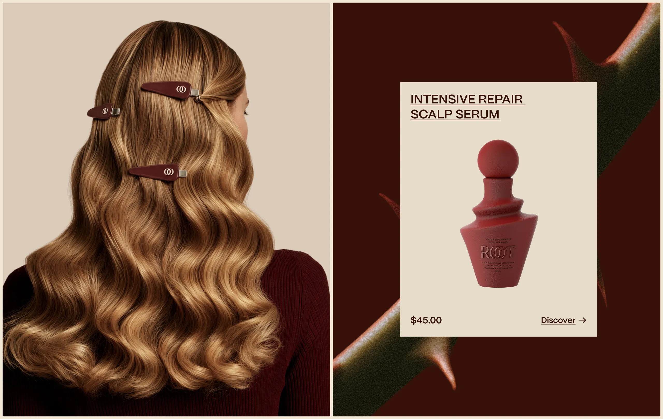 Woman wearing ROOT hair clips beside the Intensive Repair Scalp Serum product card