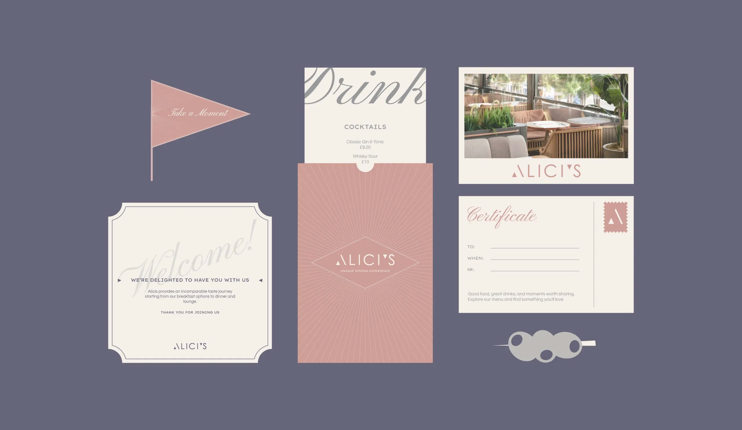 Alici's welcome card, drinks menu, flag and certificate on violet