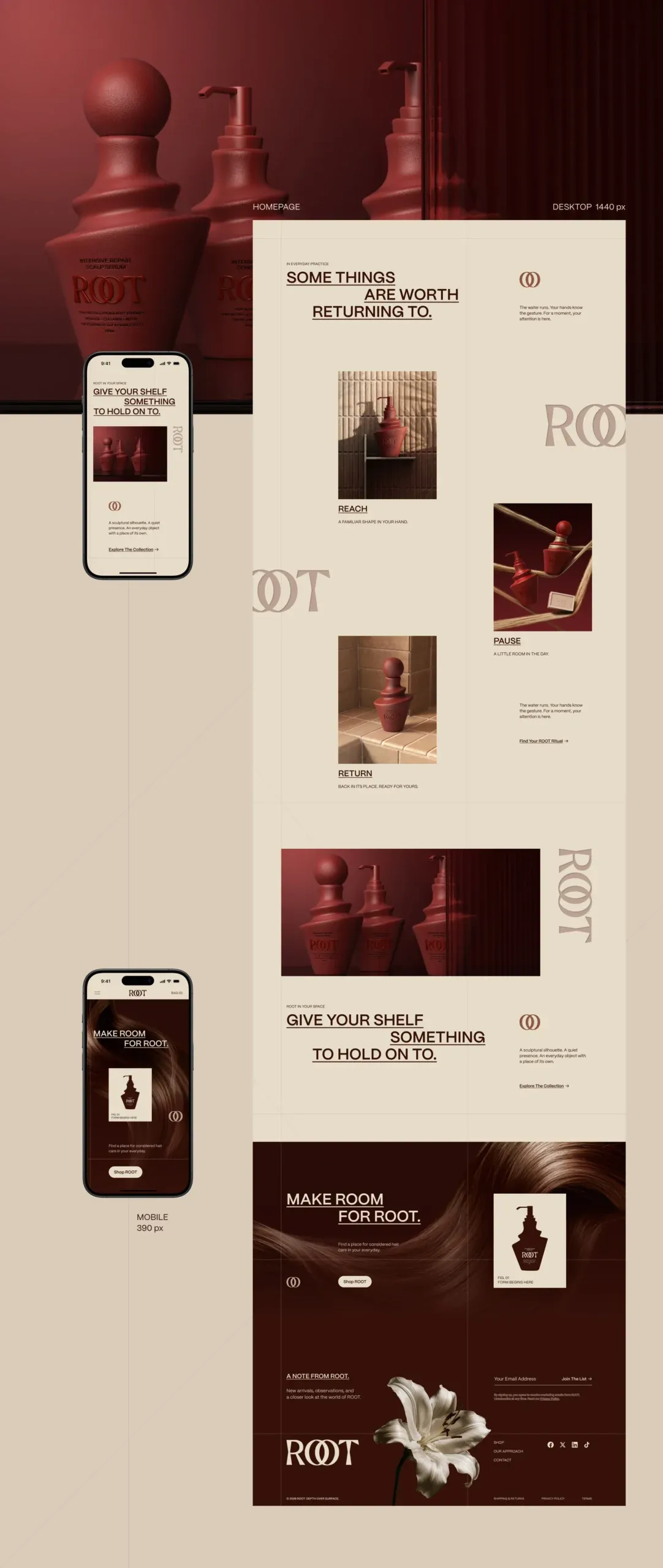 ROOT website page layouts on desktop and mobile