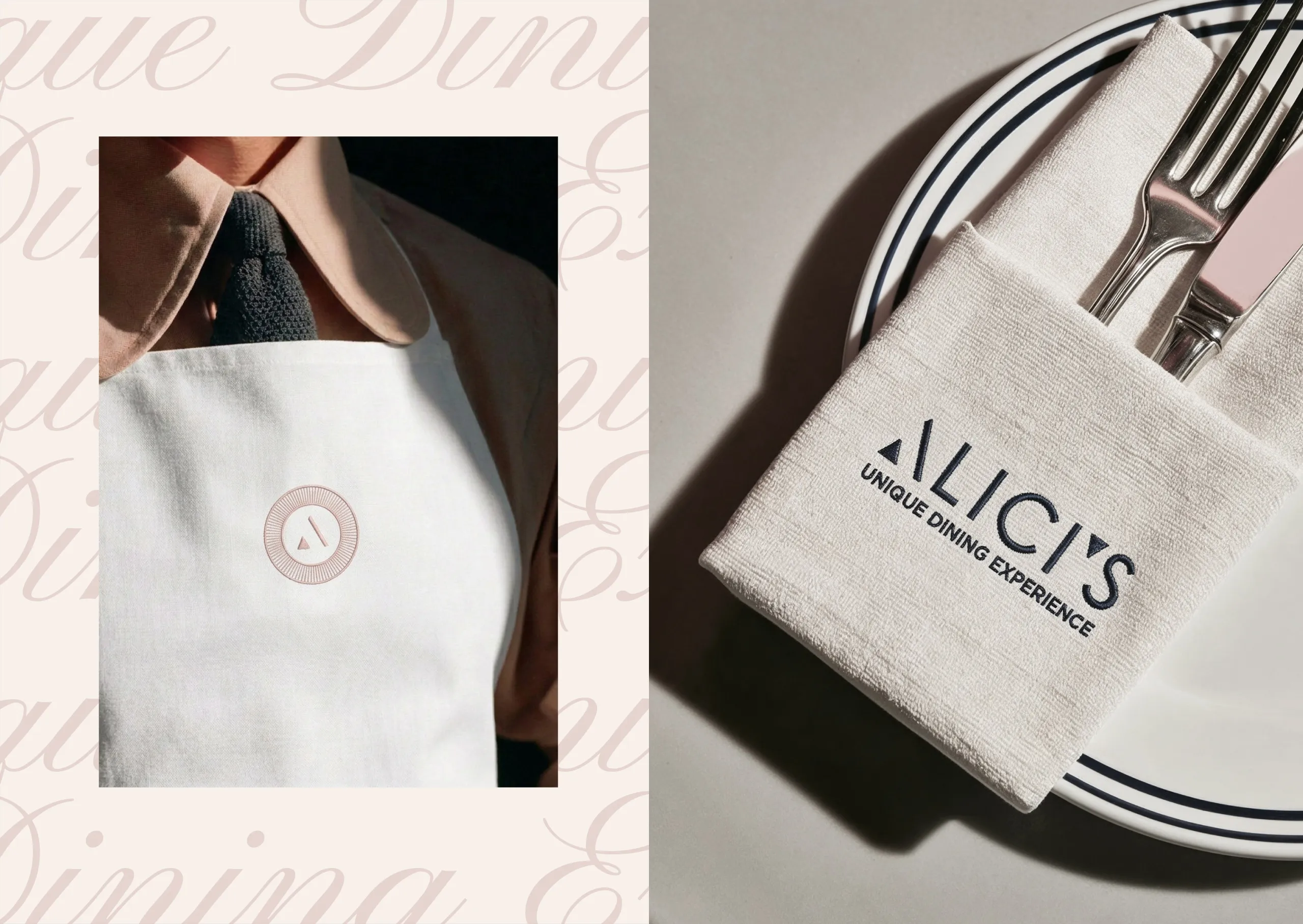 Alici's monogram on a white apron and a branded napkin on a plate