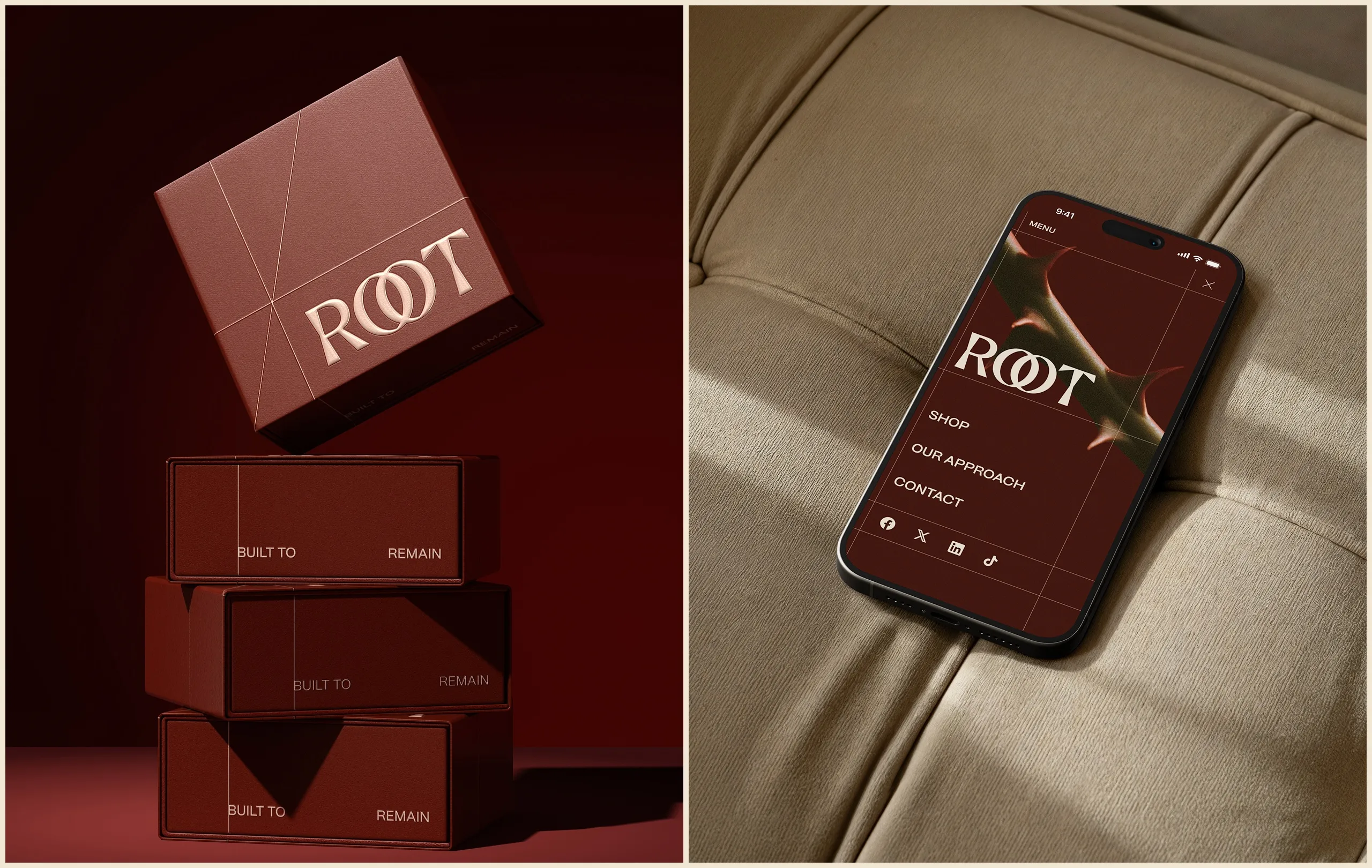 Stacked ROOT boxes and the ROOT mobile menu on a phone
