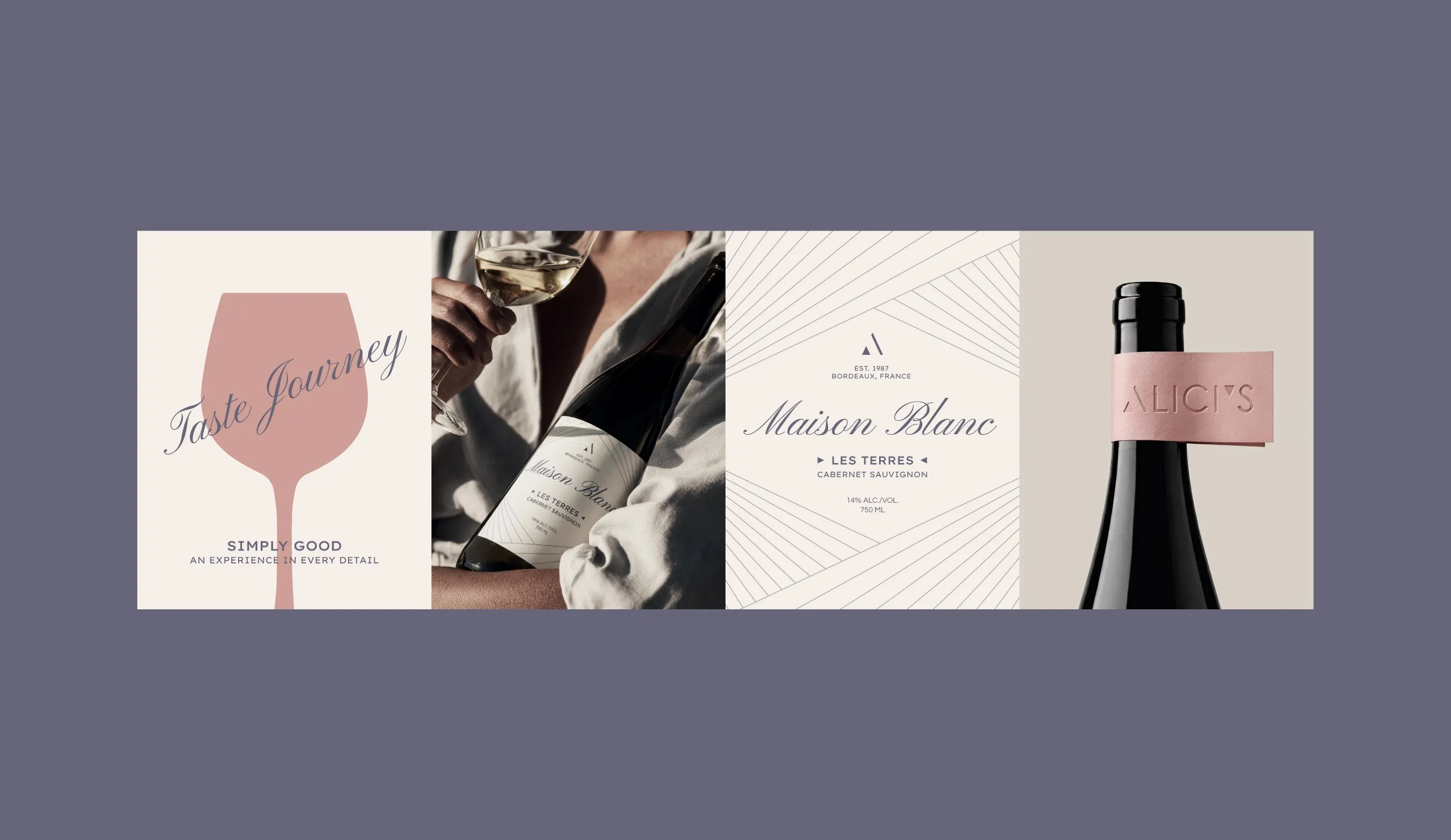Alici's Taste Journey and Maison Blanc wine labels and branded bottle