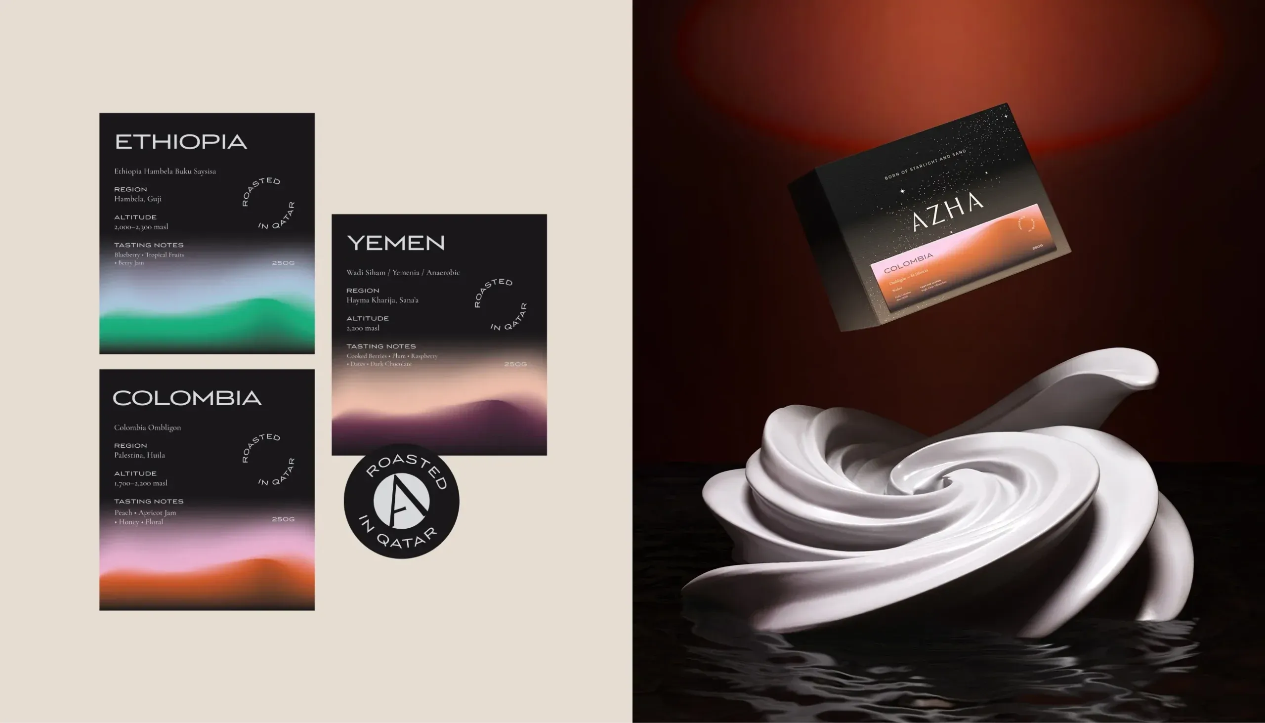 AZHA Ethiopia, Yemen and Colombia coffee labels and a floating coffee box