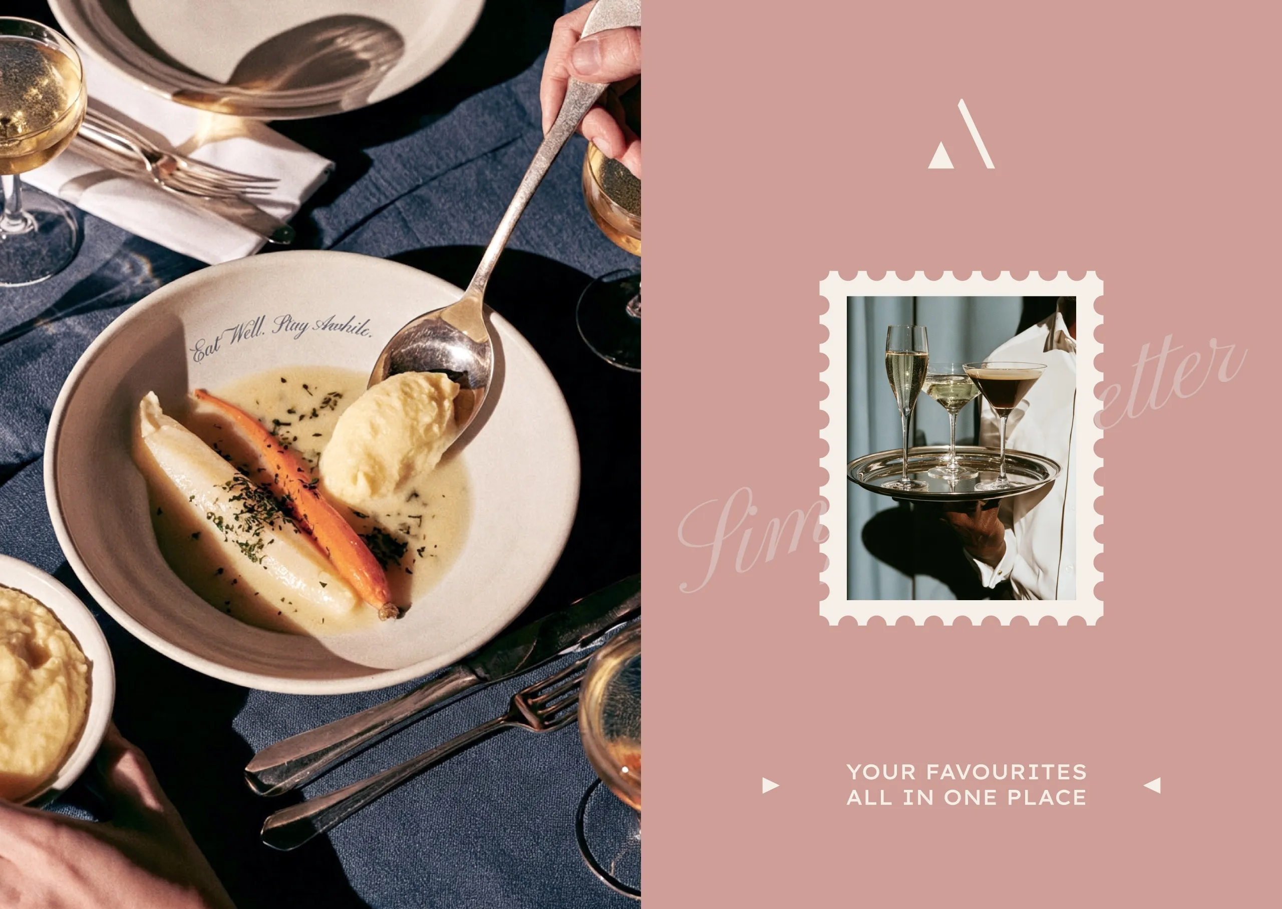 Plated dishes on a dining table beside a pink Alici's poster