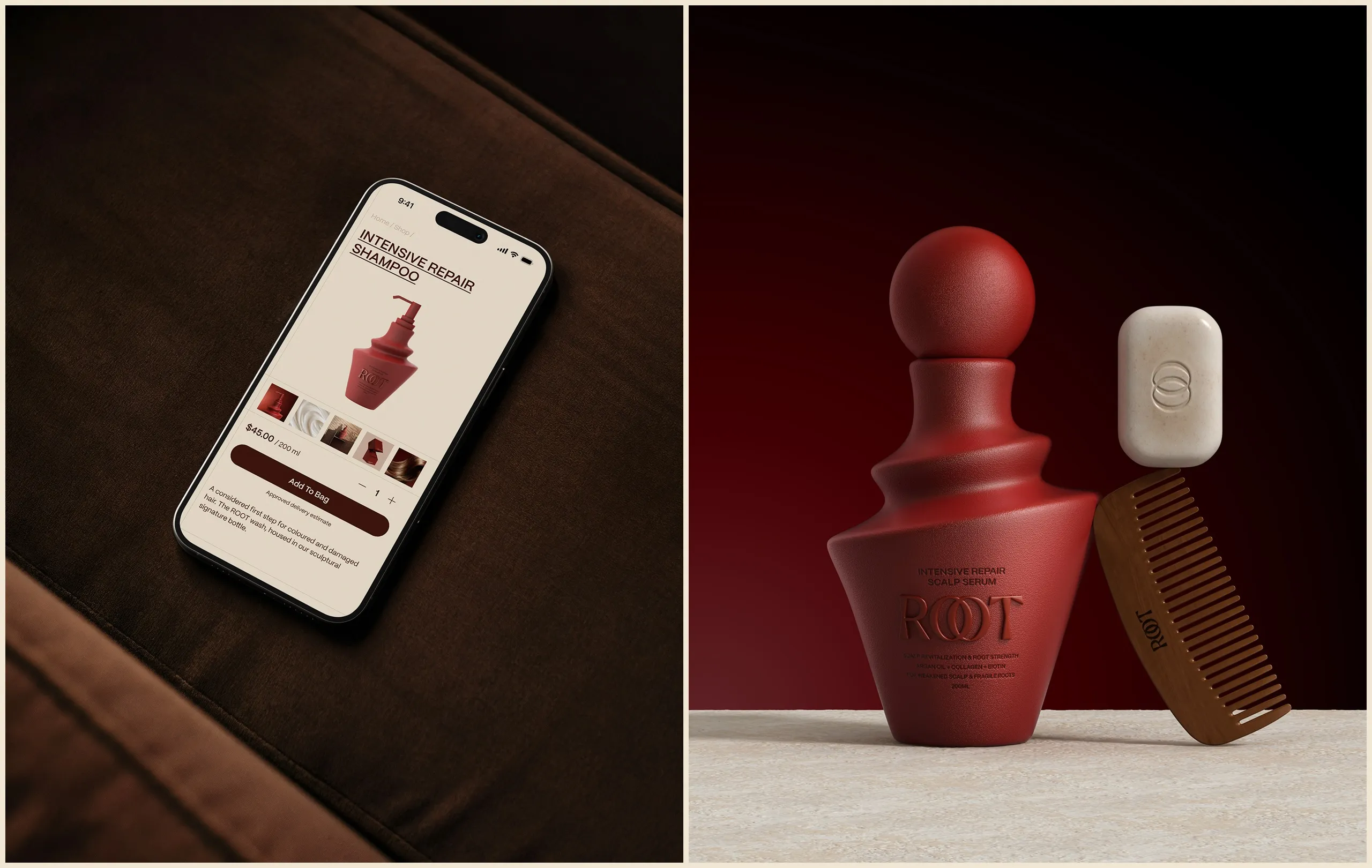 ROOT product page on a phone beside the scalp serum bottle and wooden comb