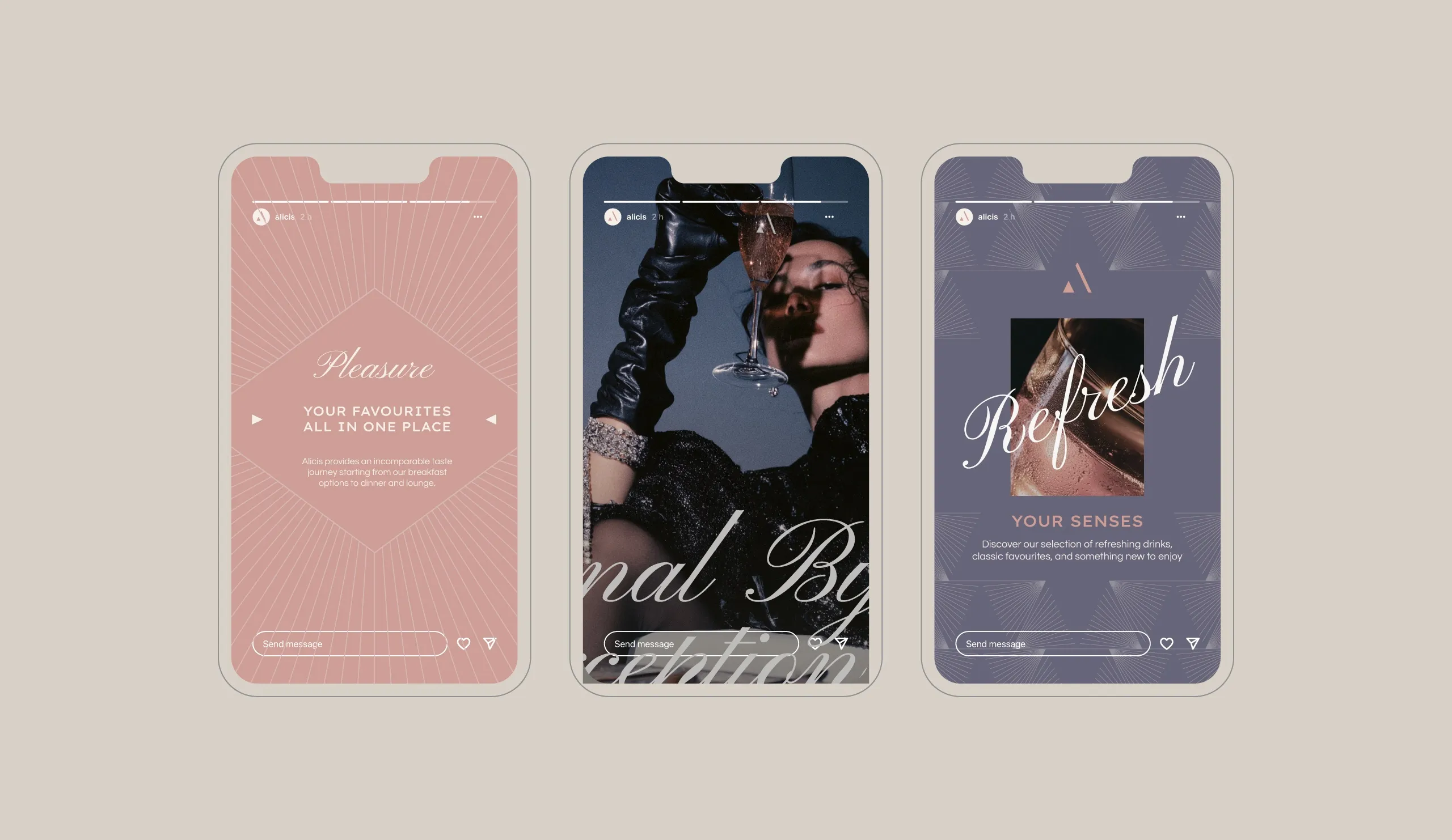 Alici's Instagram story designs in pink and violet