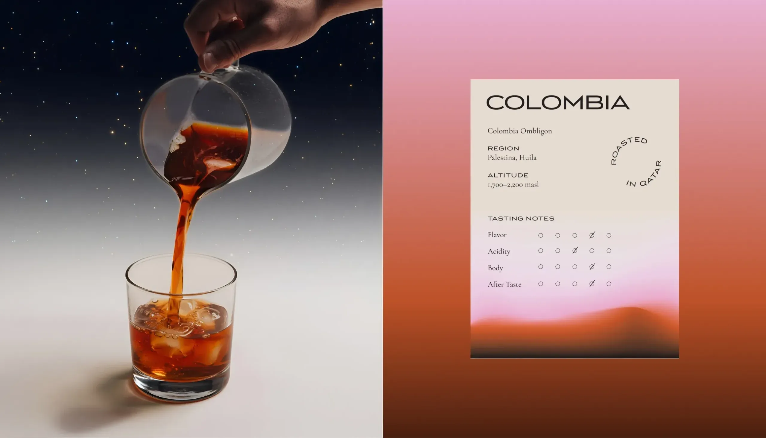 Coffee poured over ice beside an AZHA Colombia tasting card