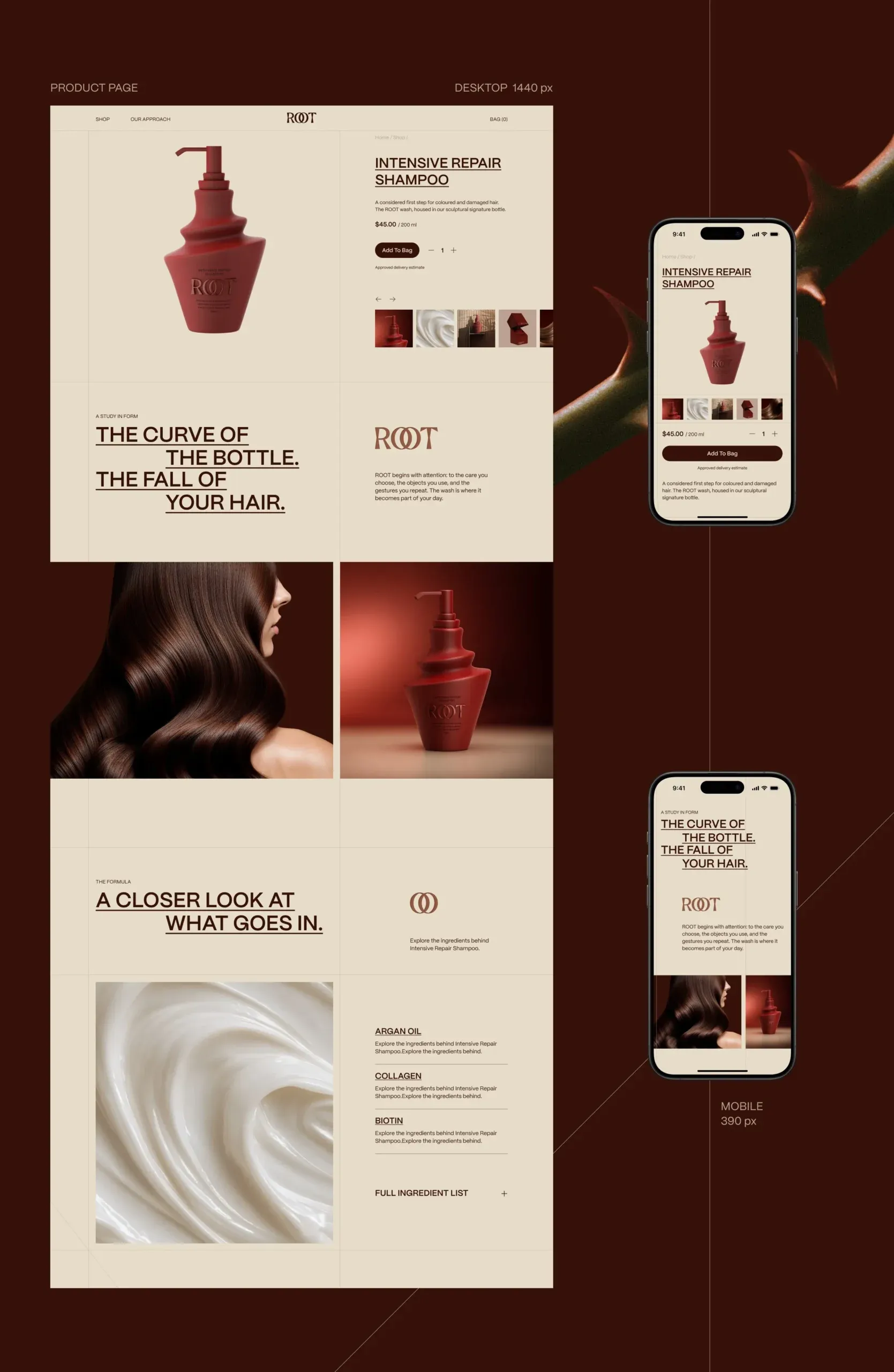 ROOT Intensive Repair Shampoo product page on desktop and mobile