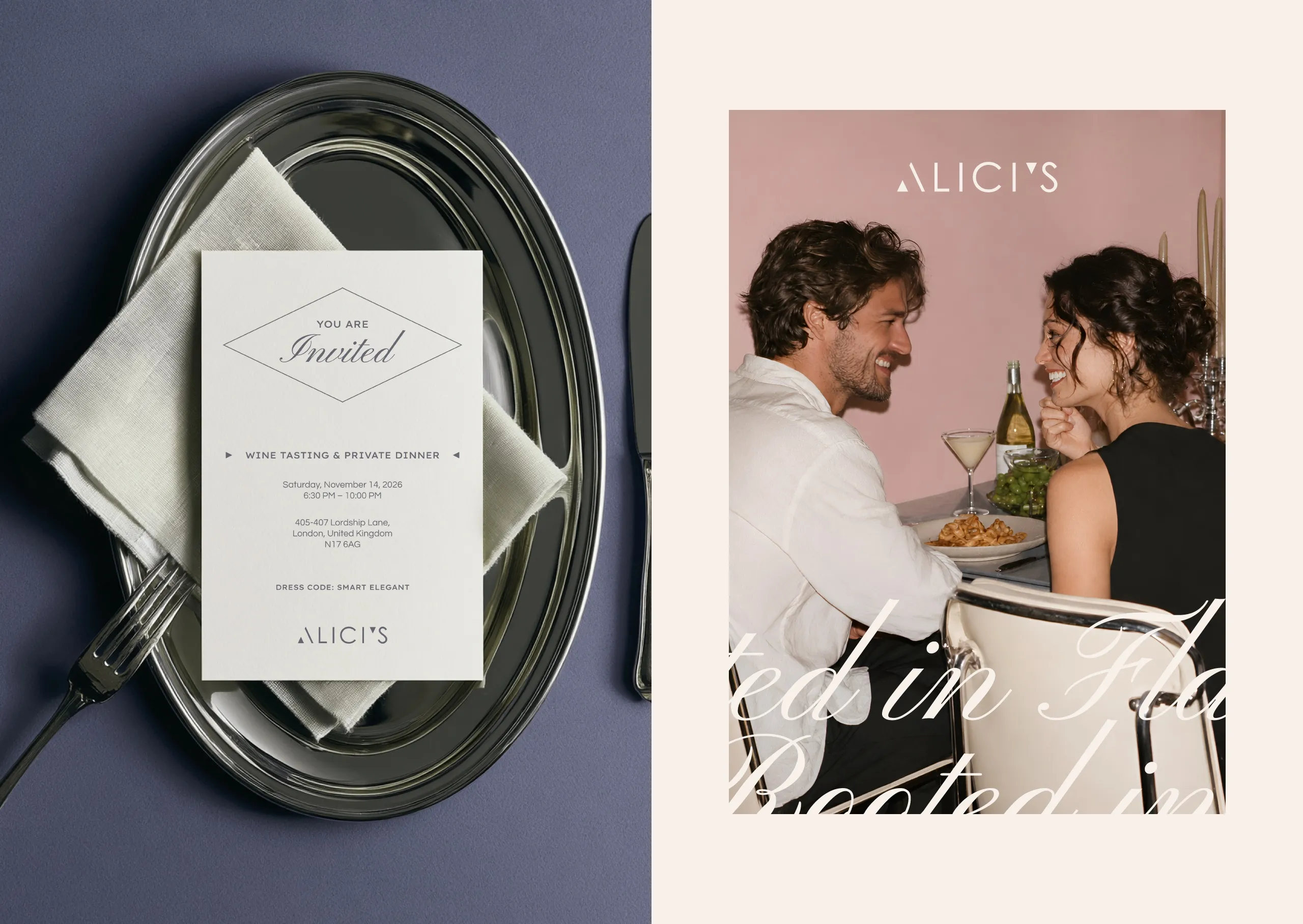 Alici's invitation on a silver tray and a social post of a couple dining