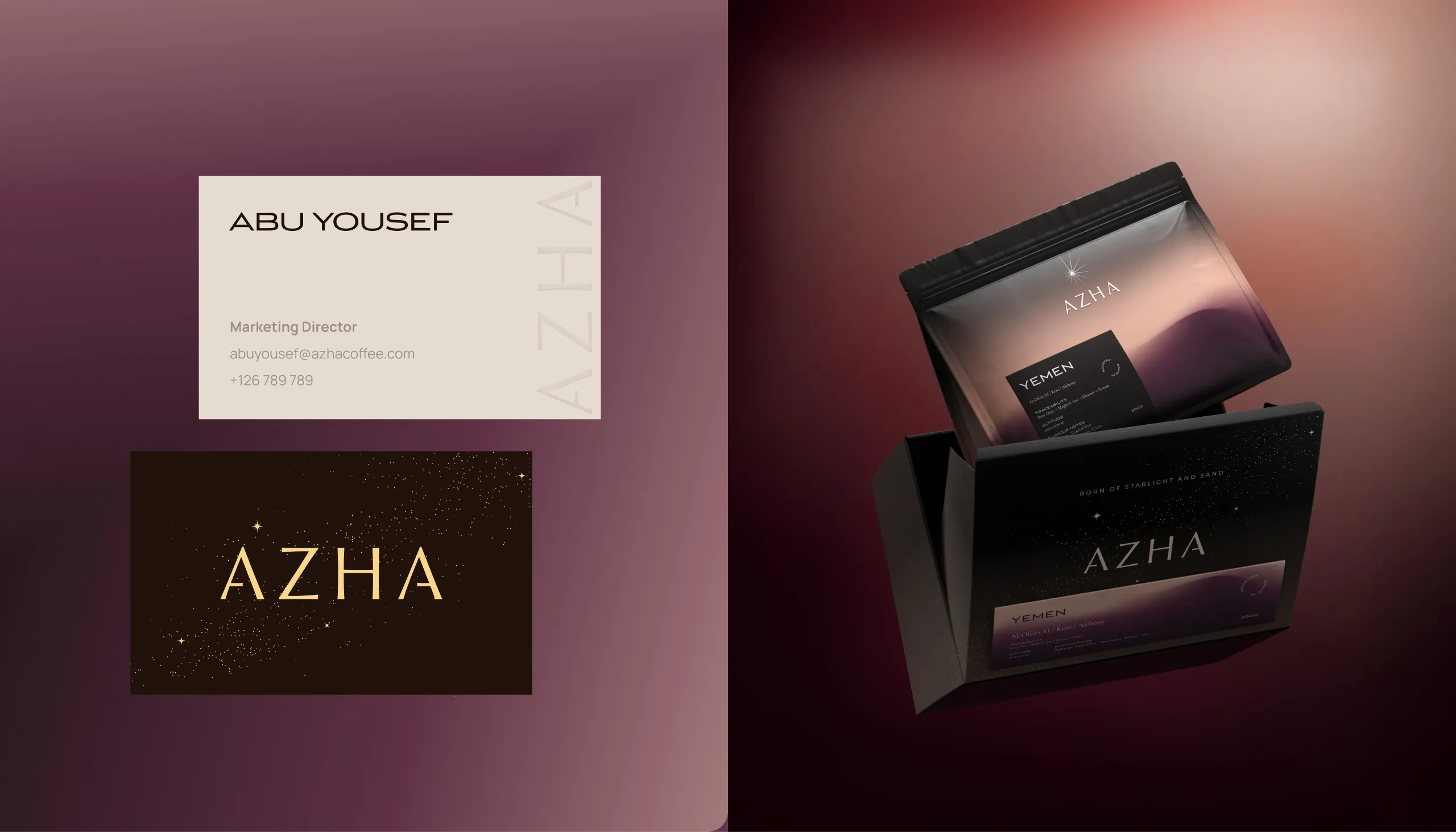 AZHA business cards and gift box packaging