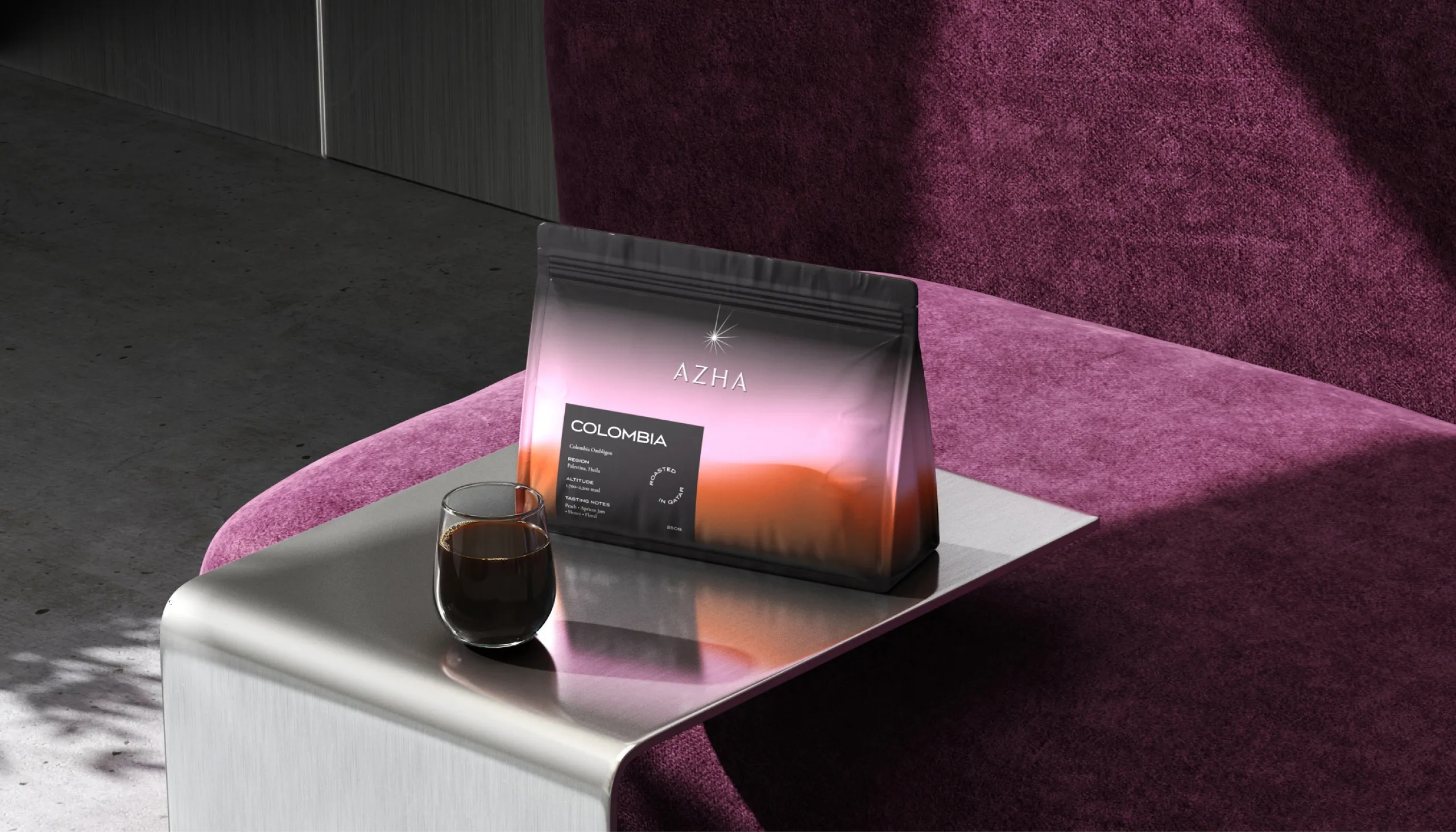 AZHA Colombia coffee bag on a velvet seat