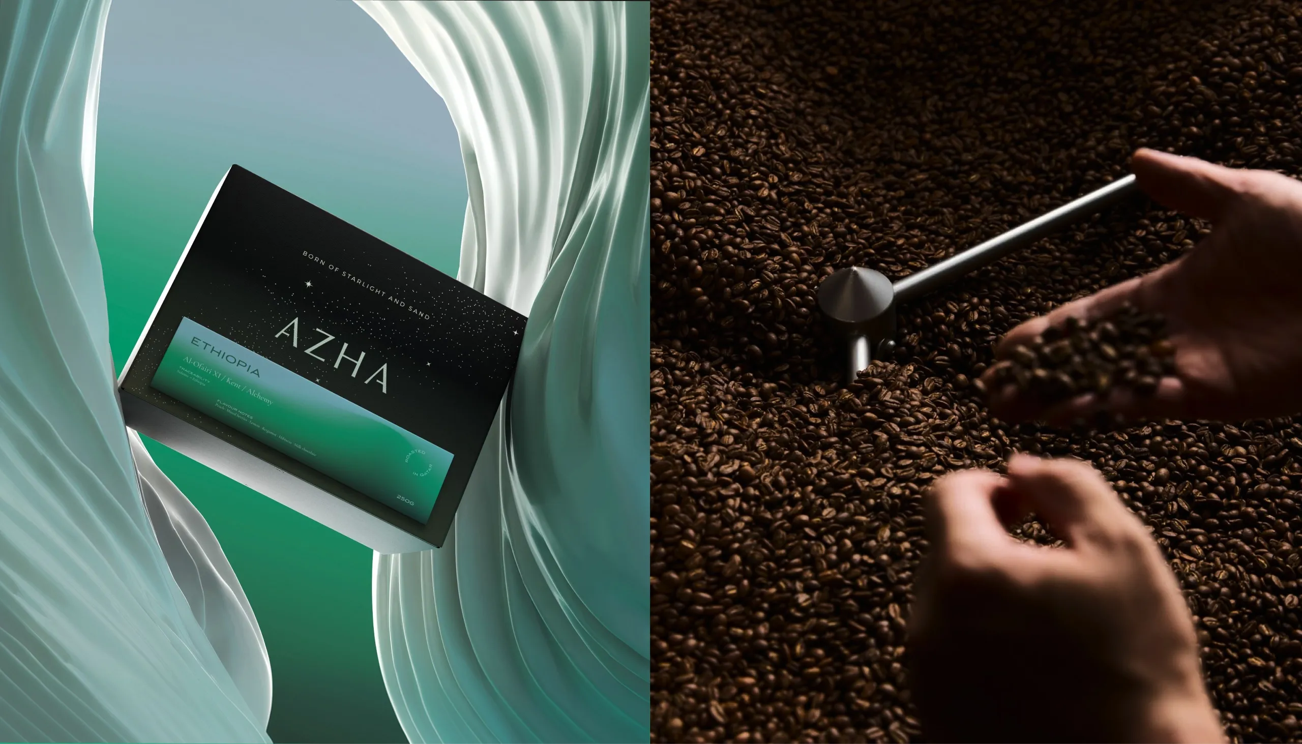 AZHA coffee box among flowing forms and a hand scooping coffee beans